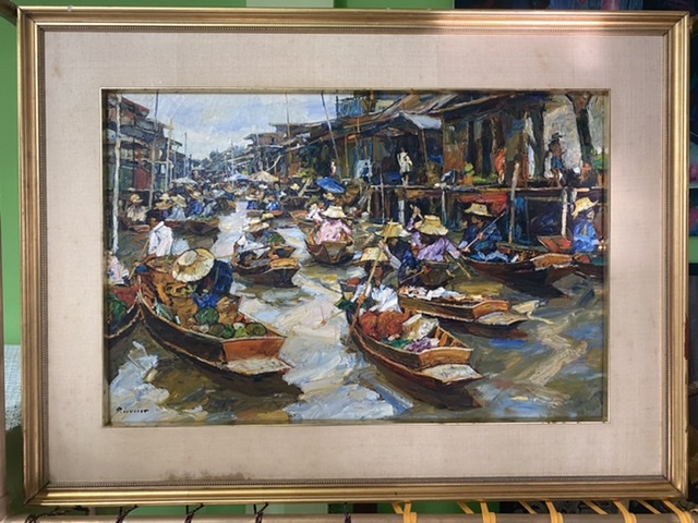 ภาพวาดสีน้ำมัน ตลาดน้ำ ผลงาน ปทมเรศ ลิวิสิทธิ์ Patamares Livisit