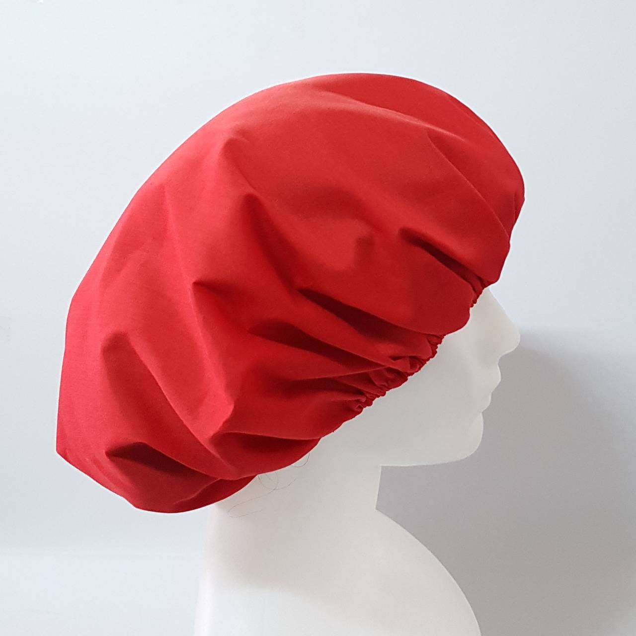 หมวกซาลาเปา ผ้าสาลู สีแดง จำนวน 10 ใบ หมวกคลุมผมตาข่าย หมวกโรงงาน หมวกตาข่าย หมวกพนักงานฝ่ายผลิต