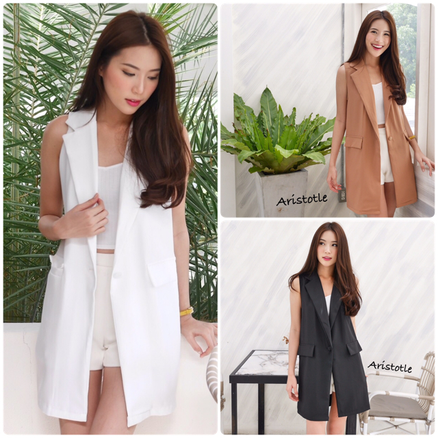 Blazer HYO เสื้อคลุมคอปกยาวแขนกุด ทรงสวยแต่งกระเป๋าหลอก ให้ดูเก๋ ใส่เดินเล่น ชิวๆๆหรือใส่ทำงานก็สวยมากค่า งานเกาหลีค่า ลุคดูแพงมากค่า