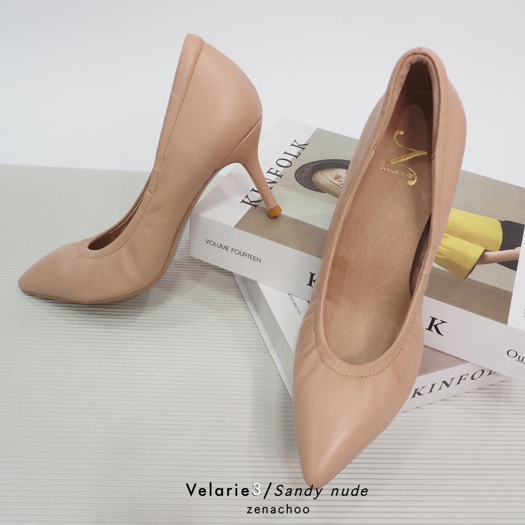 ทรงปกติ เปลี่ยนไซส์ได้-ไม่รับคืน Zenachoo Velarie3 สูง 3 นิ้ว SandyNude รองเท้าหนังแกะแท้ ใส่สวยมาก รองเท้าส้นเข็ม หัวแหลม