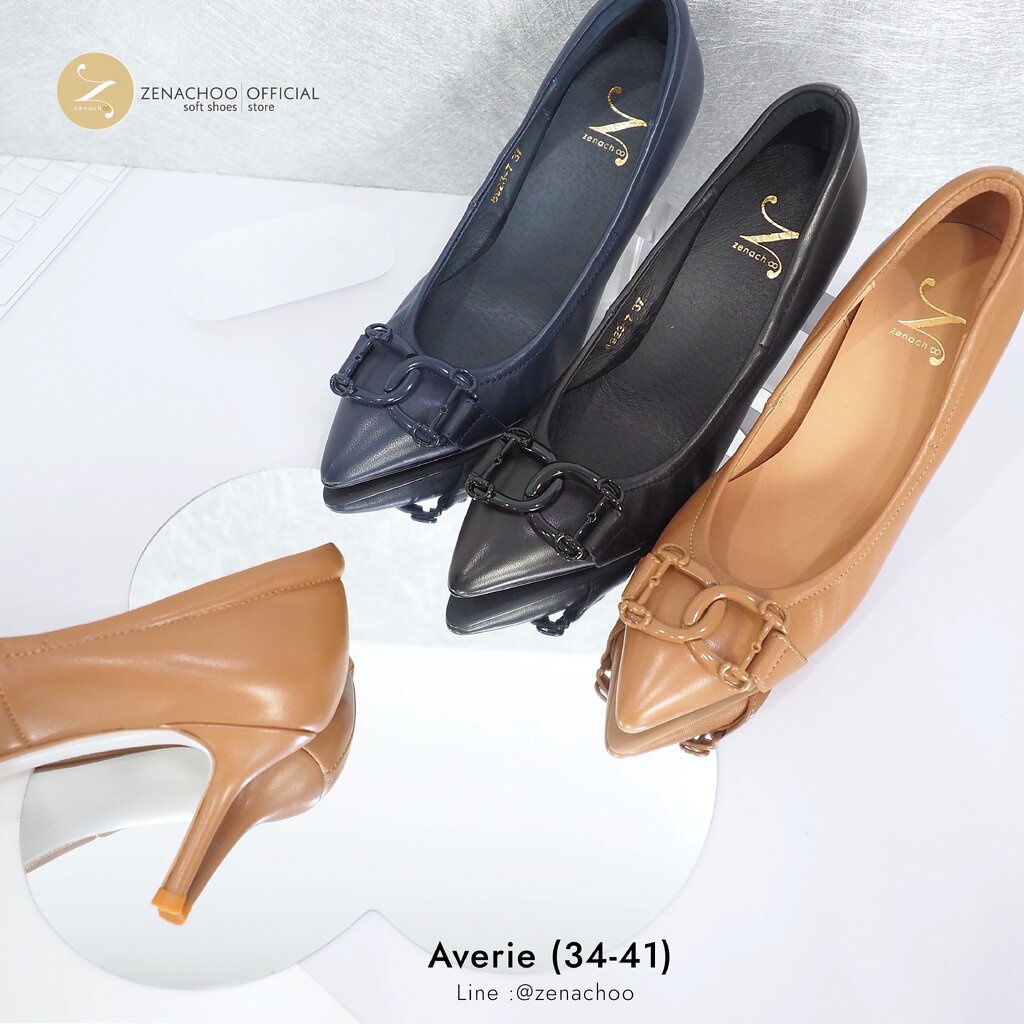 ทรงปกติ เปลี่ยนไซส์ได้-ไม่รับคืน Zenachoo รุ่น Averie สูง 3 นิ้วคัทชูหนังแกะแท้ หัวแหลมทรงสวยมาก