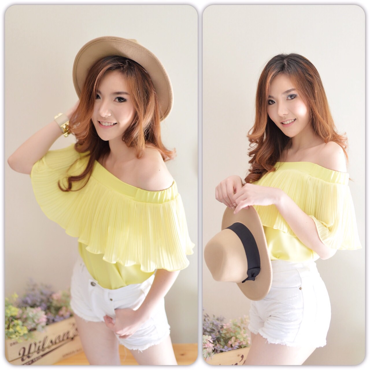 New Collection ผ้าเนื้อทรายหนานุ่ม ทรงปาดไหล่ ใส่ยางยืดขอบใหญ่ ระบายอัดพรีทสวยหรูมากค่ะ แบบCPS ชนชอปจ้า