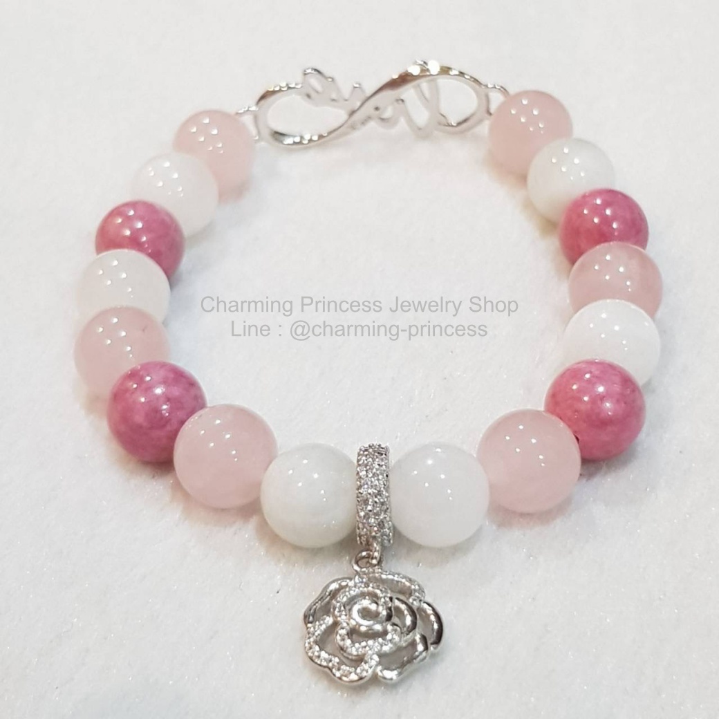 "Passionate Love" Set : Rose Quartz, Moonstone and Rhodonite (only 1 item) มูนสโตน โรสควอทซ์ และ โรโดไนท์ ประดับดอกกุหลาบฝังเพชรสวิส และ สัญลักษณ์ LOVE เงินแท้ชุบทอง