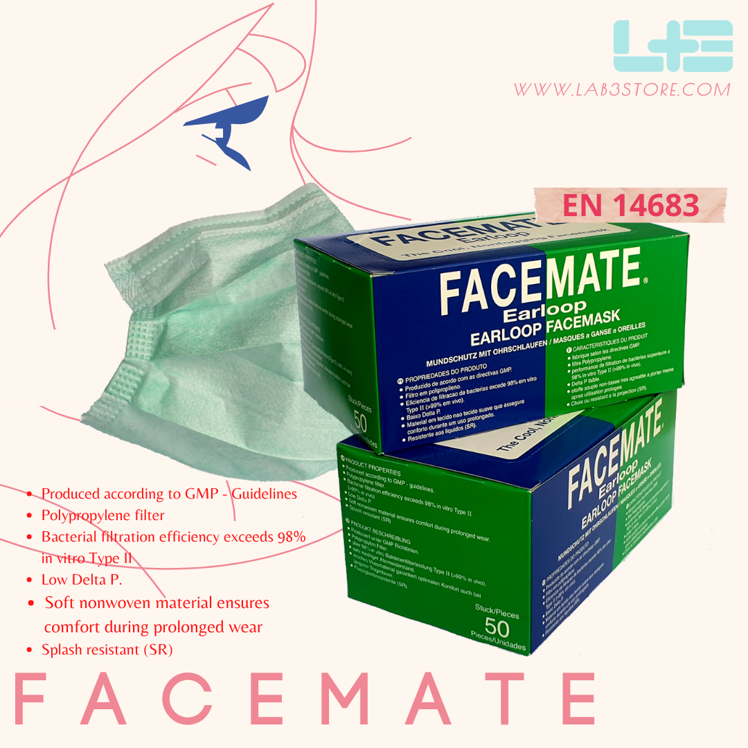 FACEMATE หน้ากากอนามัย Facemate 50 ชิ้น/กล่อง มาตรฐาน EN 14683 สีเขียว 50 ชิ้น