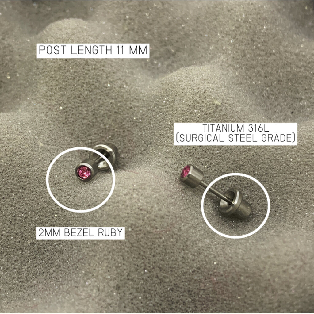 ส่งฟรี!(ไทเทเนี่ยม 100%) ต่างหูสำหรับผิวแพ้ง่ายแป้นตัน ปลอดภัย 100% Titanium Bezel Rubyr สีชมพู 3mm