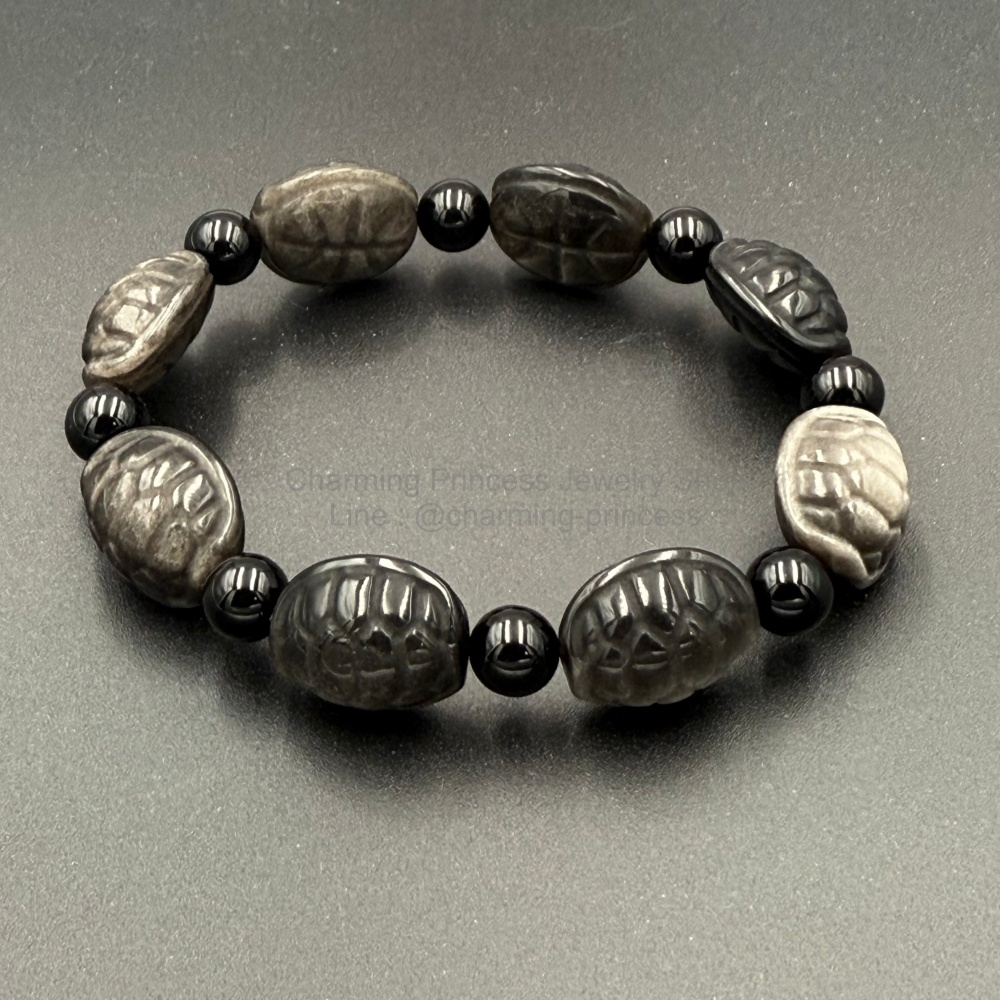 Turtle Silver Sheen Obsidian and Onyx Bracelet ซิลเวอร์ชีน ออบซิเดียน แกะรูปกระดองเต่า 18x12 มม และ โอนิกซ์ 8 มม