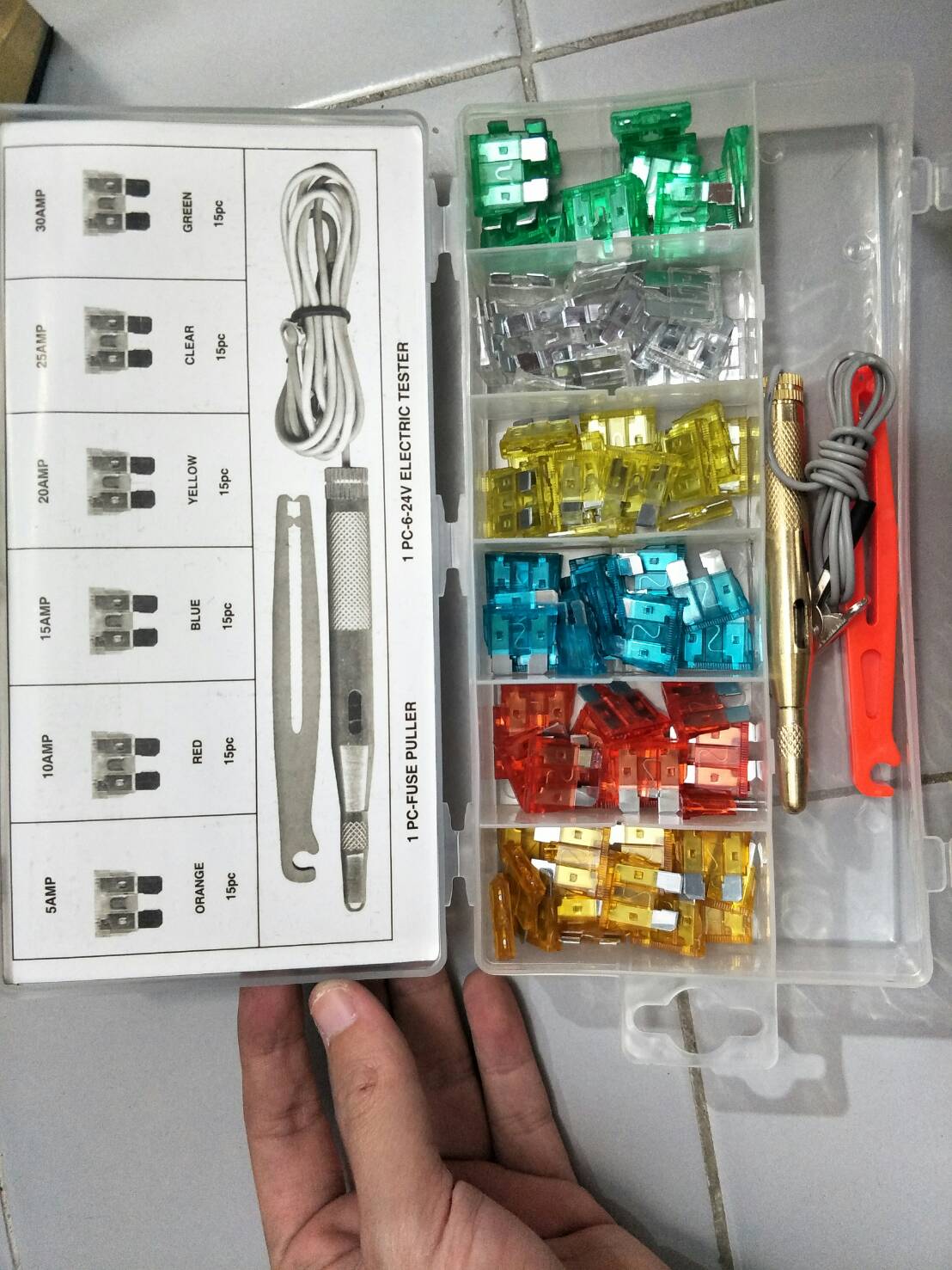 CARE02 ชุดกล่องฟิวส์ก้ามปู 93 ชิ้น + ไขควงวัดไฟ 12-24v