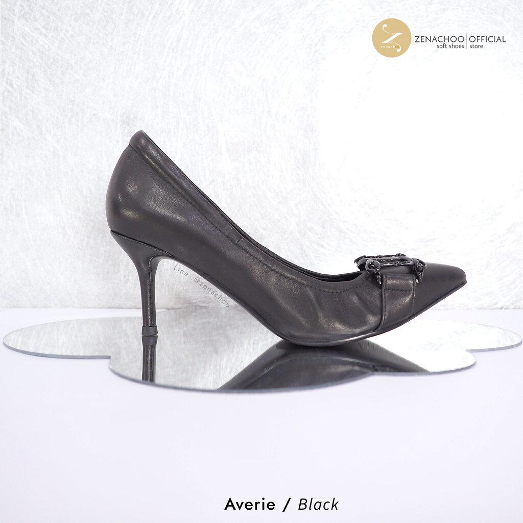 ทรงปกติ เปลี่ยนไซส์ได้-ไม่รับคืน Zenachoo รุ่น Averie สูง 3 นิ้วคัทชูหนังแกะแท้ หัวแหลมทรงสวยมาก