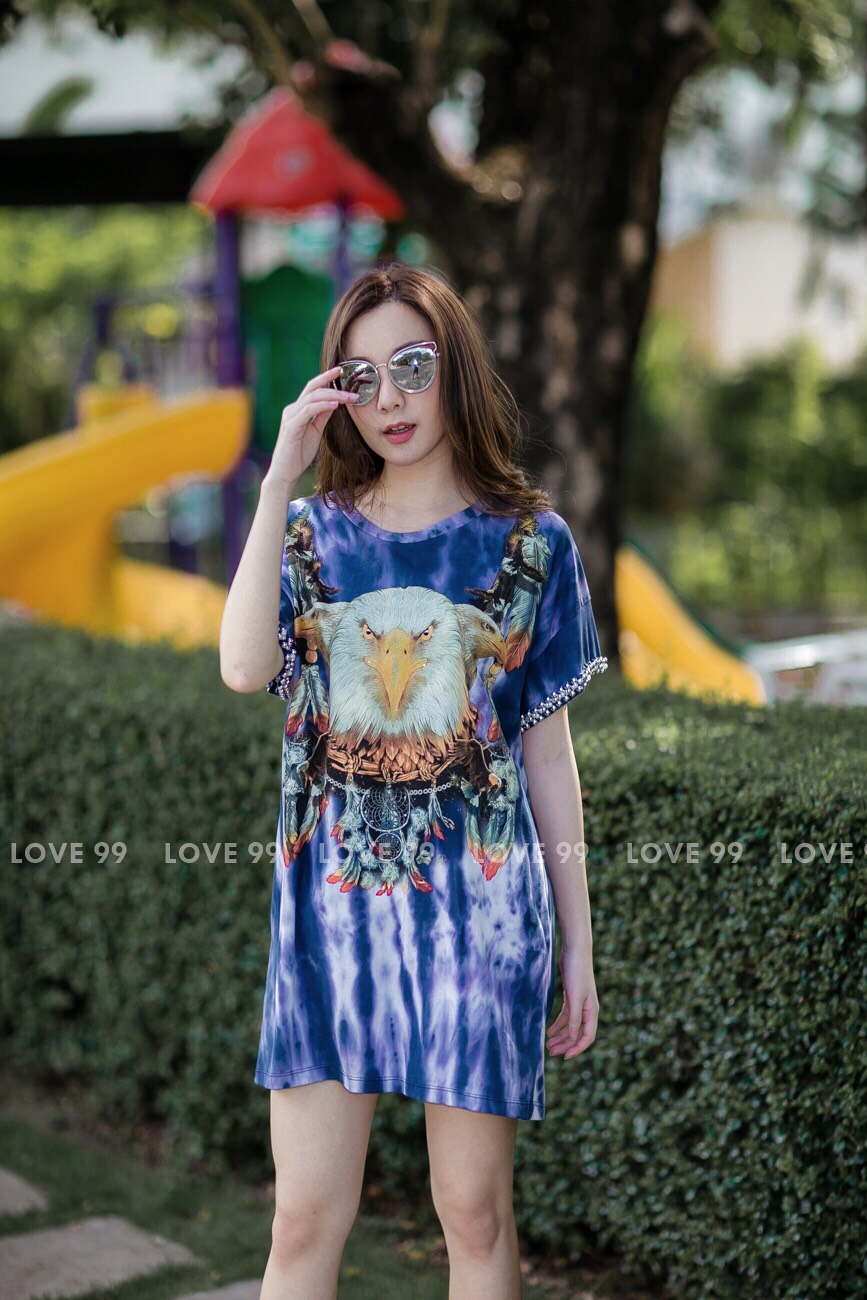 เดรสผ้ายืดมัดย้อมลายนกอินทรีย์