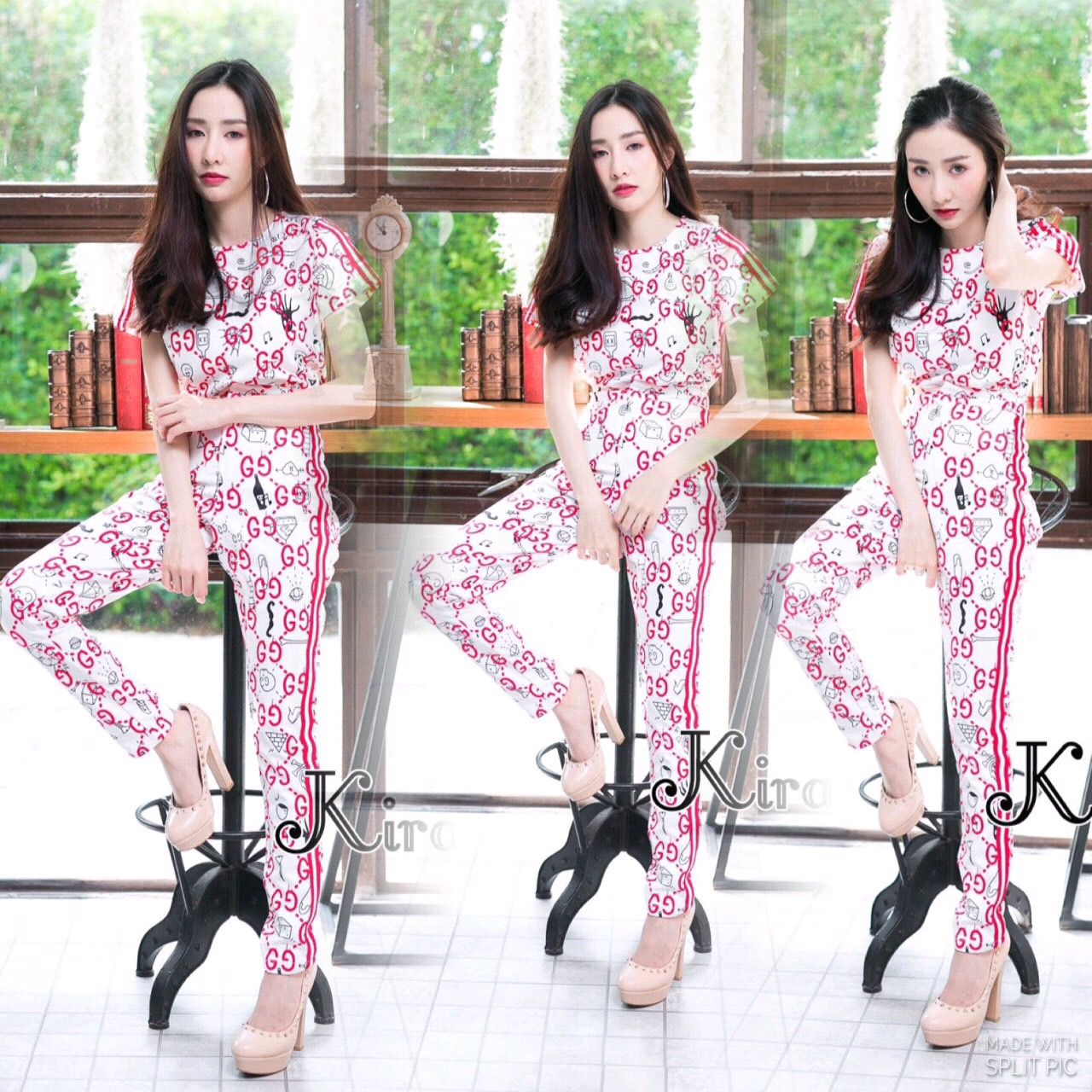 ชุดSet เสื้อ +กางเกงขายาวติดแถบ สกรีนลายกุชจี่ ผ้าดี งานสวยค่ะ