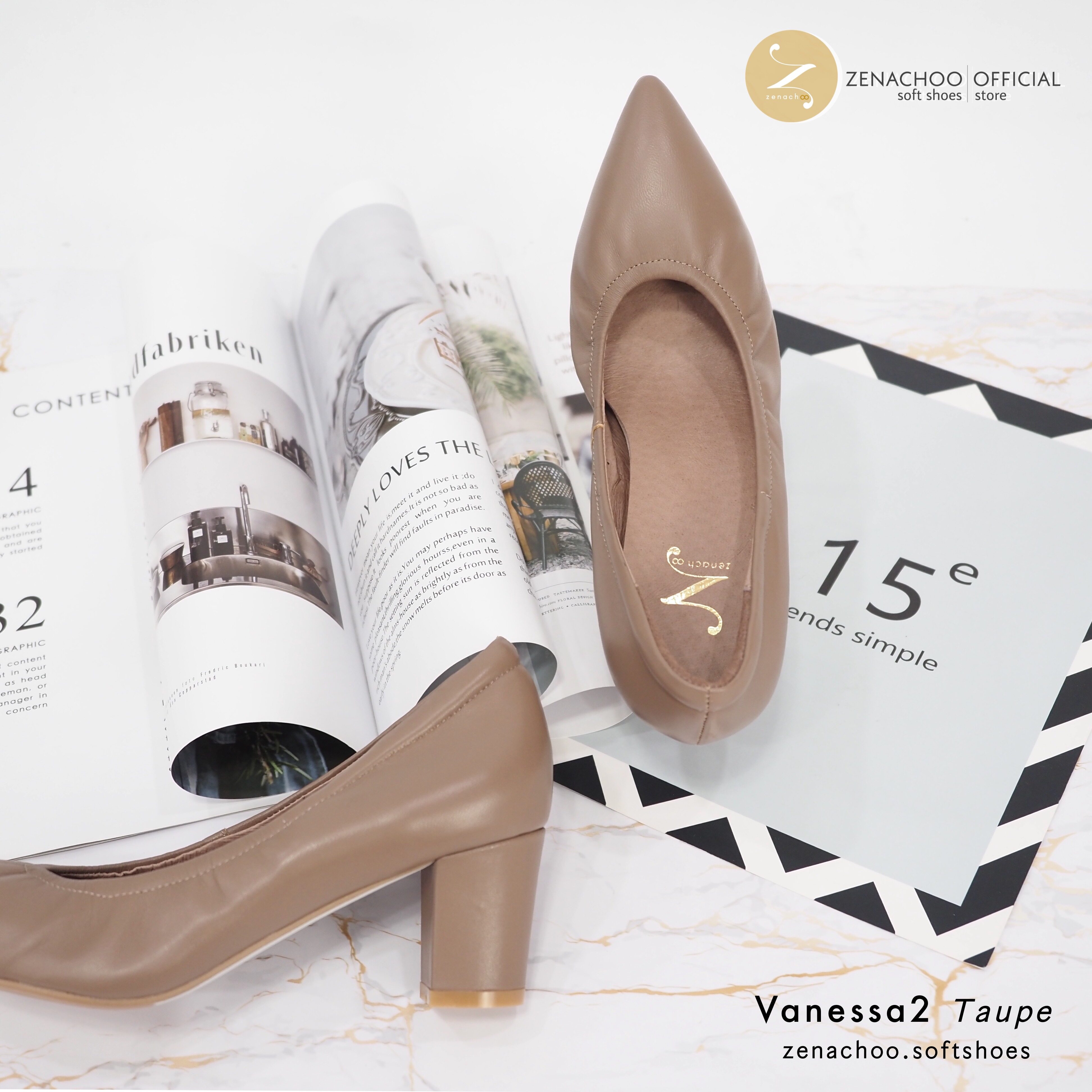 ทรงปกติ เปลี่ยนไซส์ได้-ไม่รับคืน Zenachoo Vanessa2 สี Taupe สูง 2 นิ้ว รองเท้าหนังแกะนิ่ม หัวแหลมทรงสวย