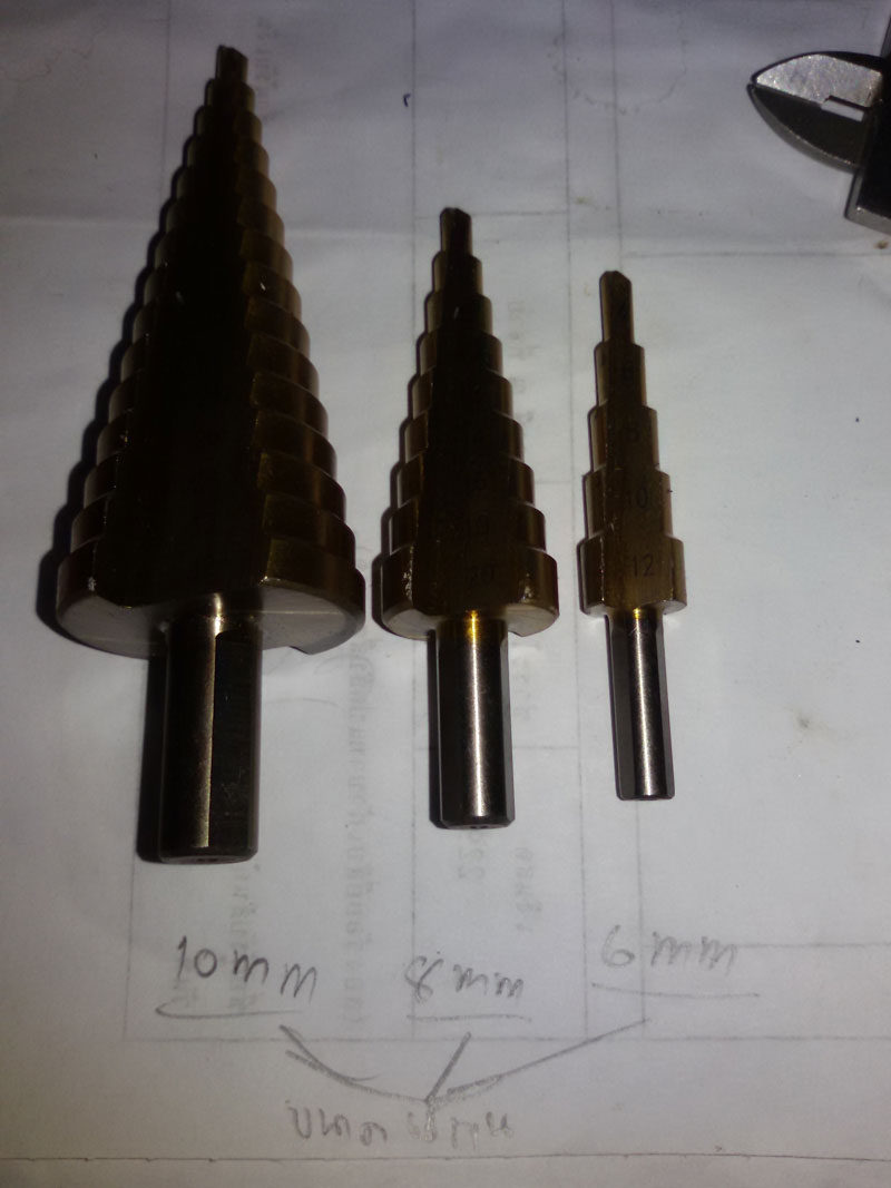ST02 ดอกสว่านทรงเจดีย์ ดอกเจาะคว้านรู,Step Drill,ชุบไทเทเนียม ยกชุด 3 ดอก 5/9/15 Step เบอร์มิล ใหญ่สุด 32 mm * แกนกลมกันลื่น*