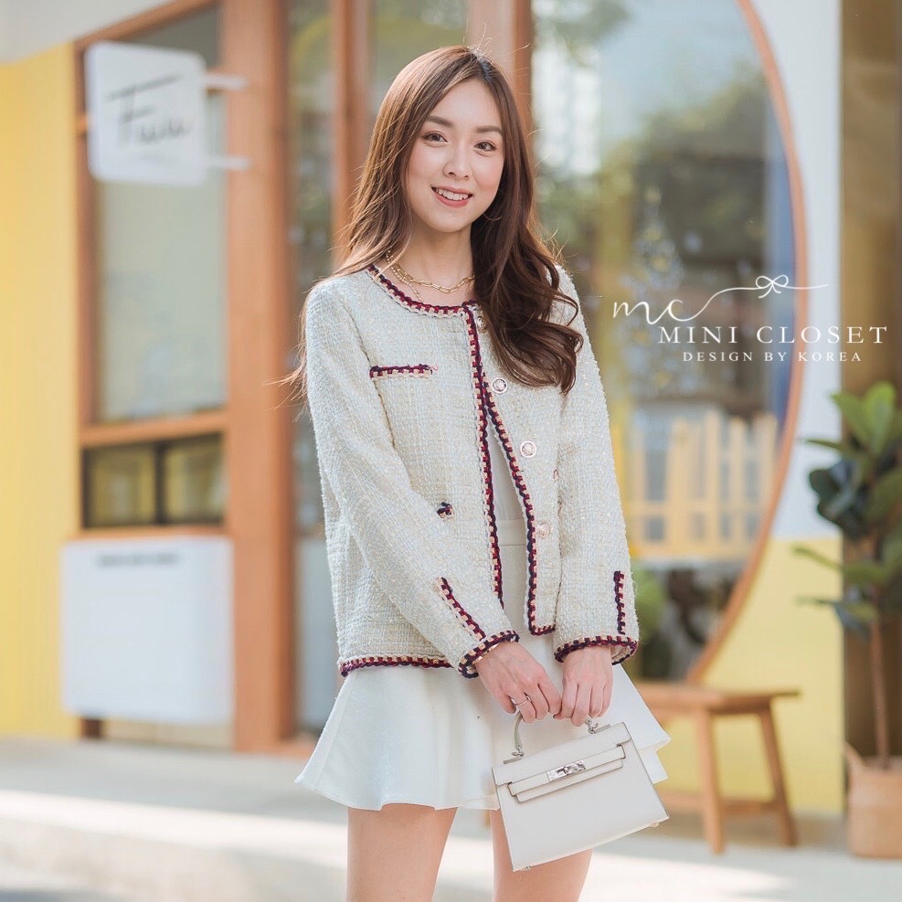 เสื้อทวิตแขนยาวสีครีม เสื้อคลุมสวยๆสไตล์เกาหลี