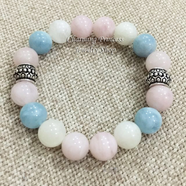 Aquamarine Moonstone Rose Quartz Madagascar อความารีน มูนสโตน โรสควอทซ์ มาดากัสการ์ 10 มม ตกแต่งเครื่องเงิน