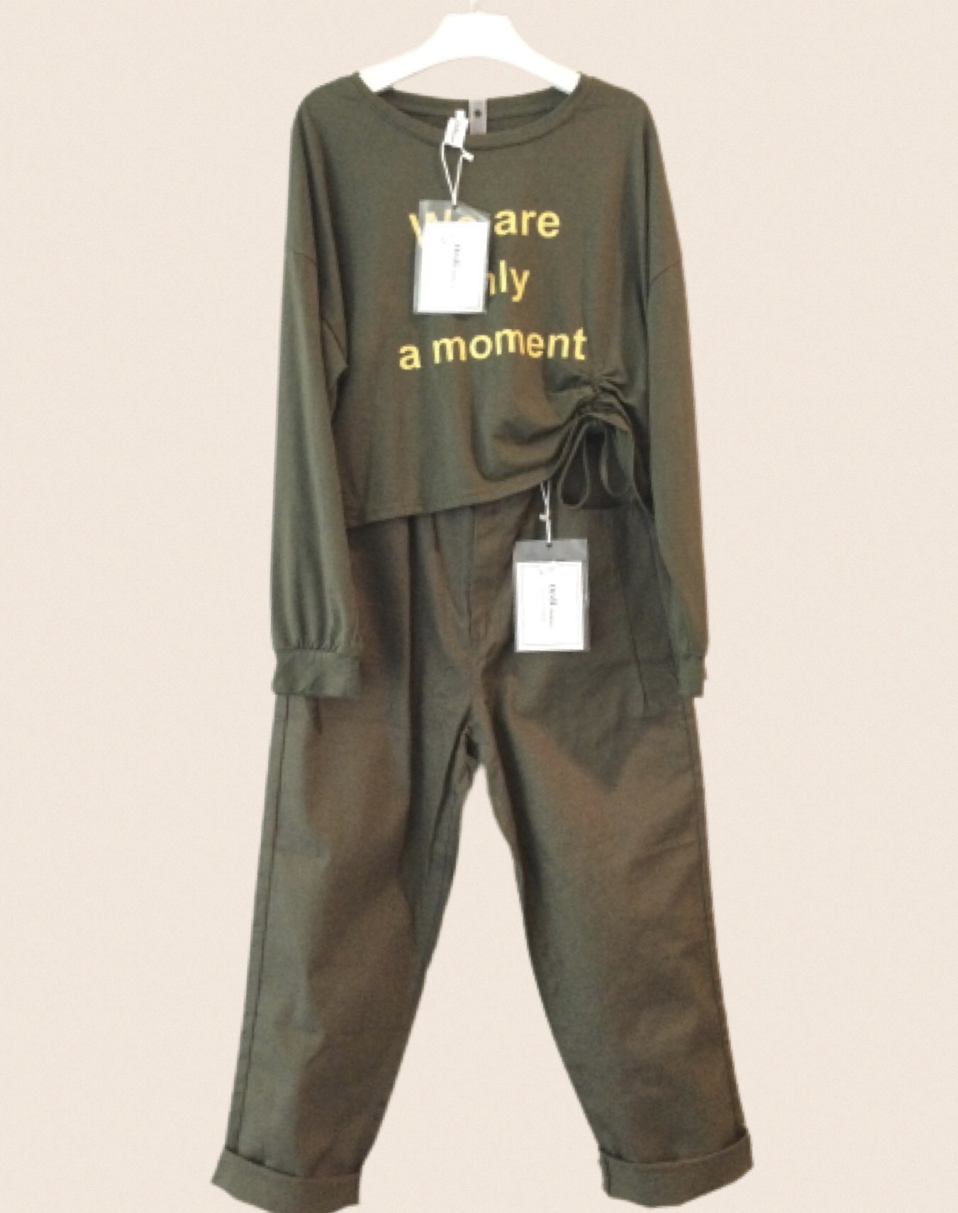 ชุดเซตขายาว เสื้อยืดโอเว่อร์ไซส์+กางเกงขายาว สีเขียวขี้ม้า