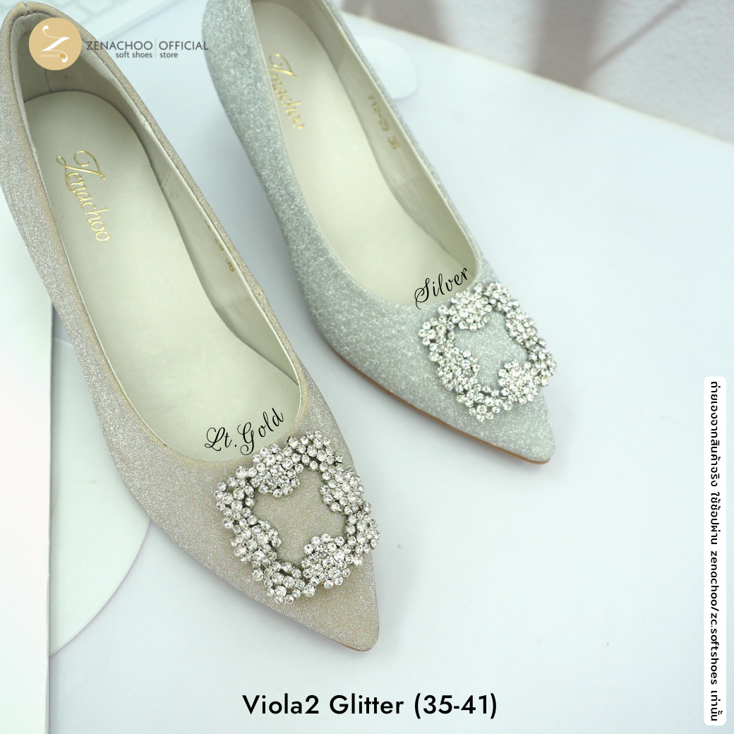 ทรงปกติ เปลี่ยนไซส์ได้-ไม่รับคืน ทรงขายดี Zenachoo Viola2 Glitter สูง 2 นิ้ว ผ้า Glitter ซับหนังแกะแท้ ทรงสวยไม่บีบเท้า
