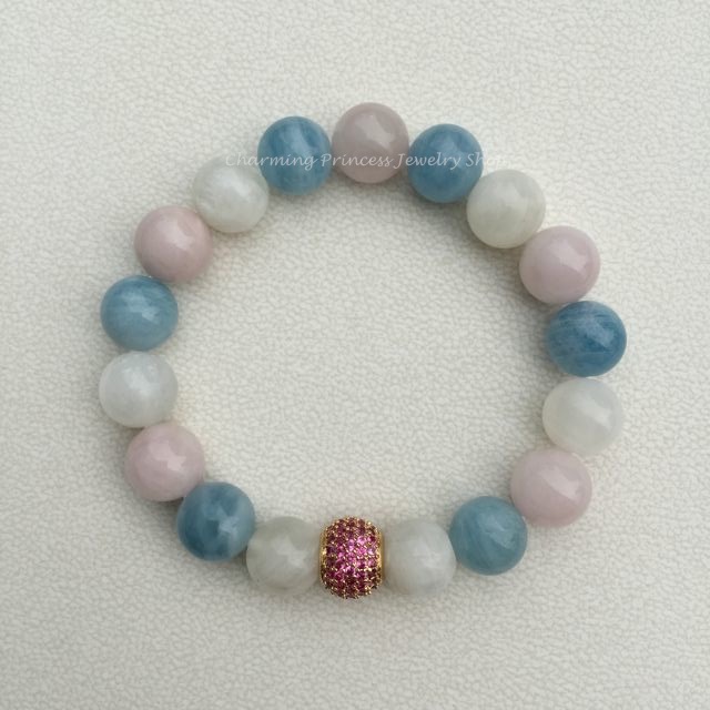 Aquamarine Moonstone Rose Quartz Madagascar อความารีน มูนสโตน โรสควอทซ์ มาดากัสการ์ 10 มม ประดับพลอยสีทับทิม แทนความรักและความห่วงใย