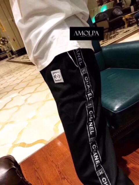 กางเกงวอร์มขายาว สีดำ มีแถบข้าง งานป้าย