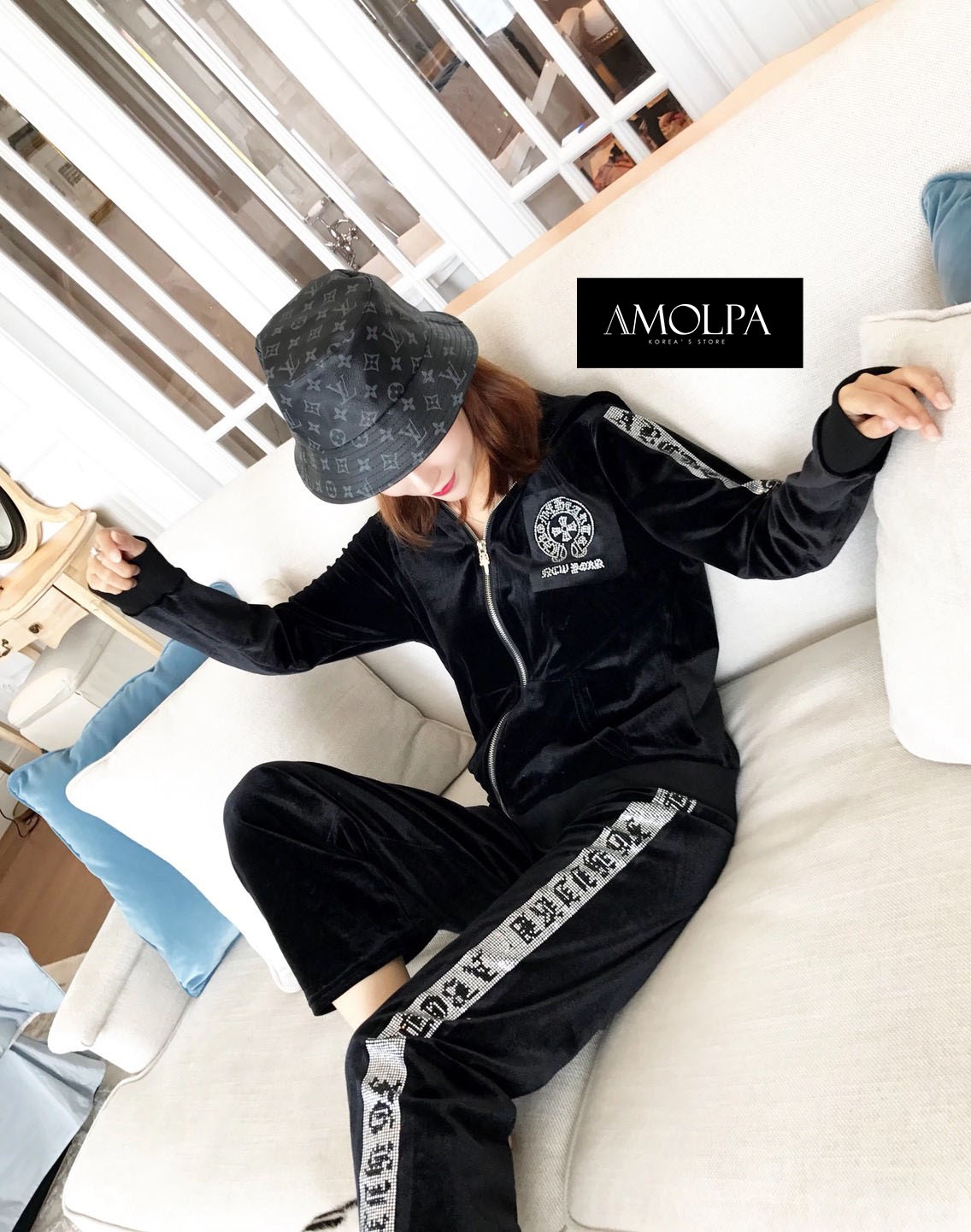 ชุดเซ็ท2ชิ้น เสื้อ+กางเกงขายาว ผ้ากำมะหยี่ งานป้าย