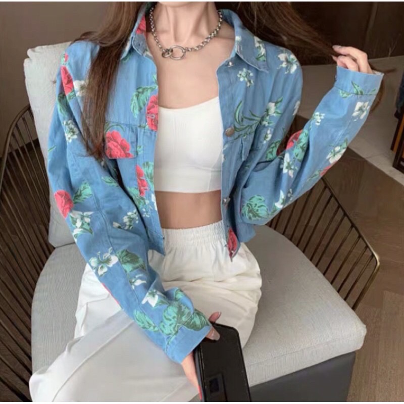 เสื้อครอปยีนส์แขนยาวลายดอกกุหลาบ งานป้าย ypy