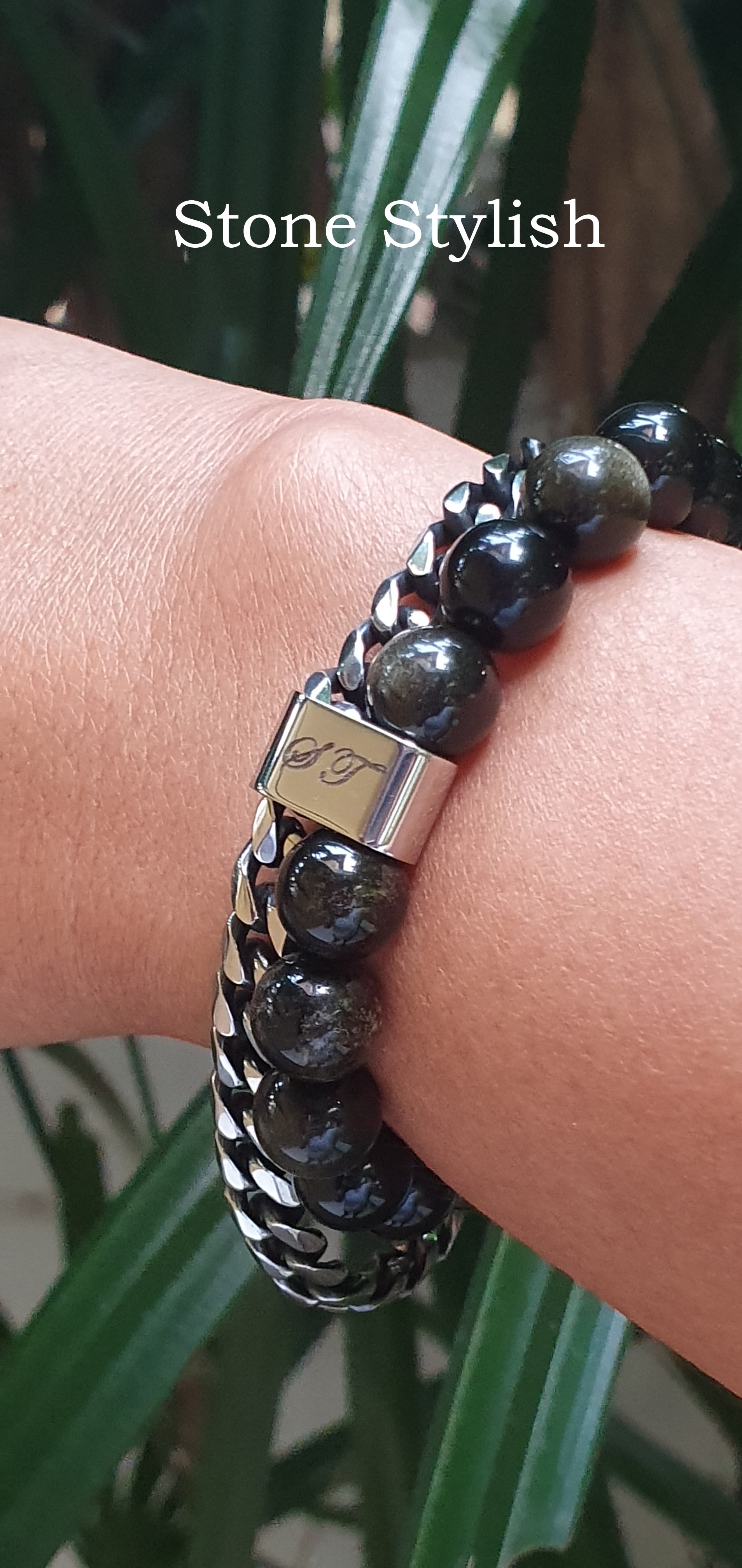 สร้อยข้อมือ ออบซิเดียน (Obsidian) ขนาด 10 มิล พร้อมเลสข้อมือสลัก brand