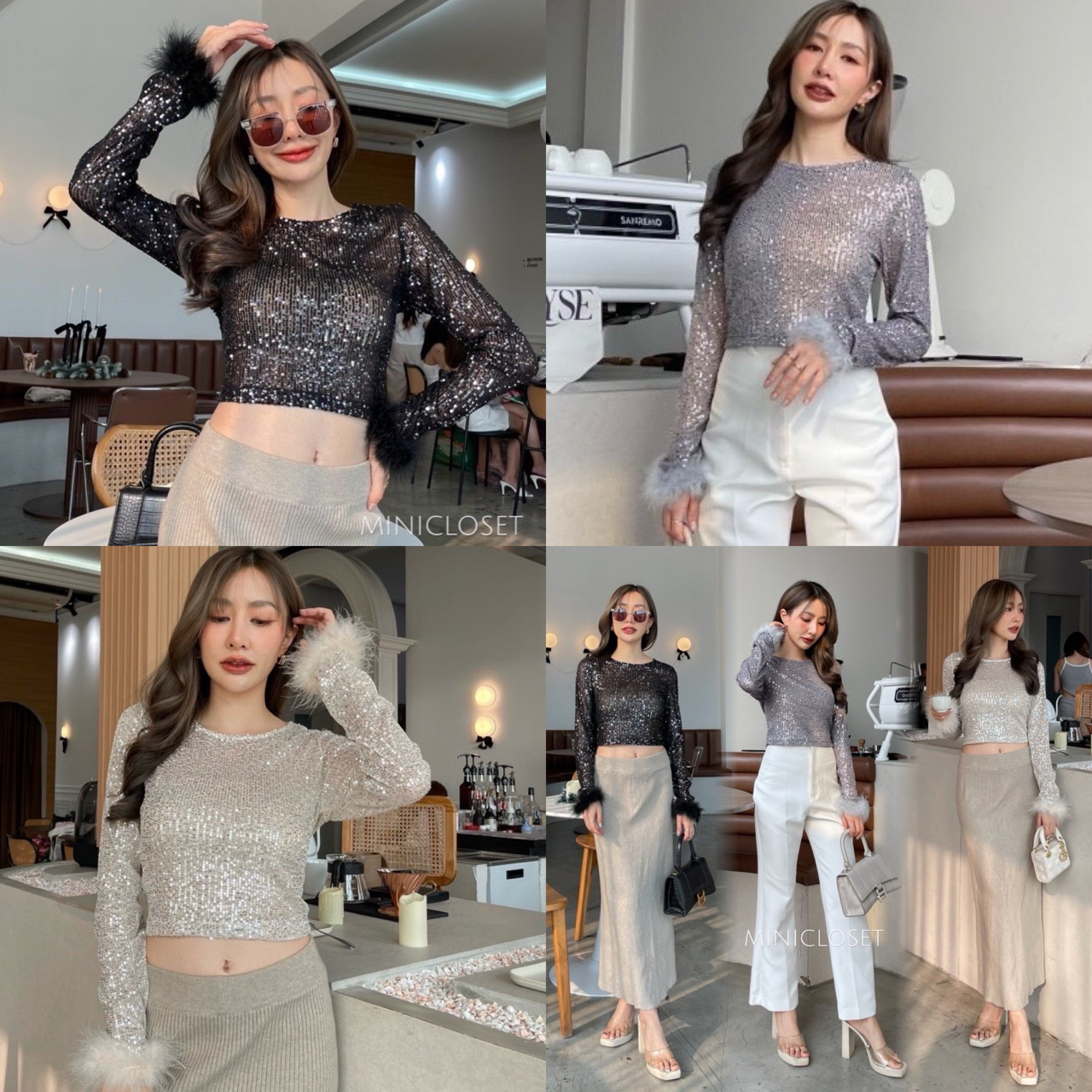 เสื้อปักเลื่อมวิ้งๆ แขนยาวปลายแขนแต่งขนนกน่ารัก ใส่เที่ยว ใส่ออกงานสวย