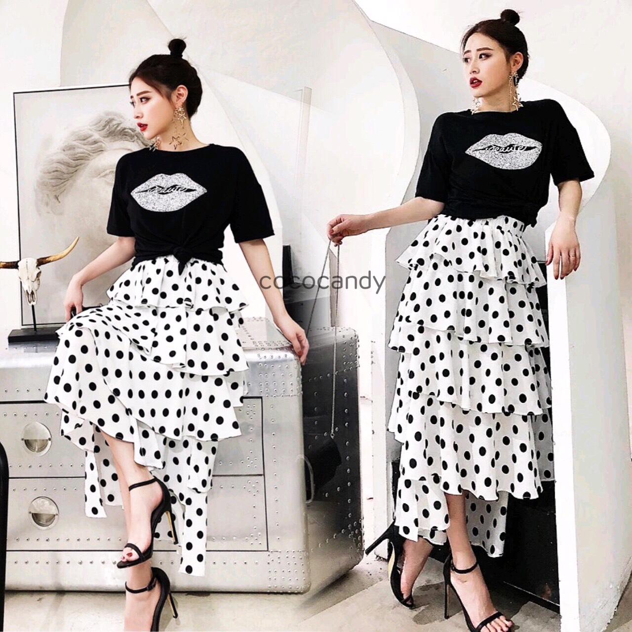 ชุดเซ็ทเสื้อยืดกระโปรงลายจุดสไตล์เกาหลี