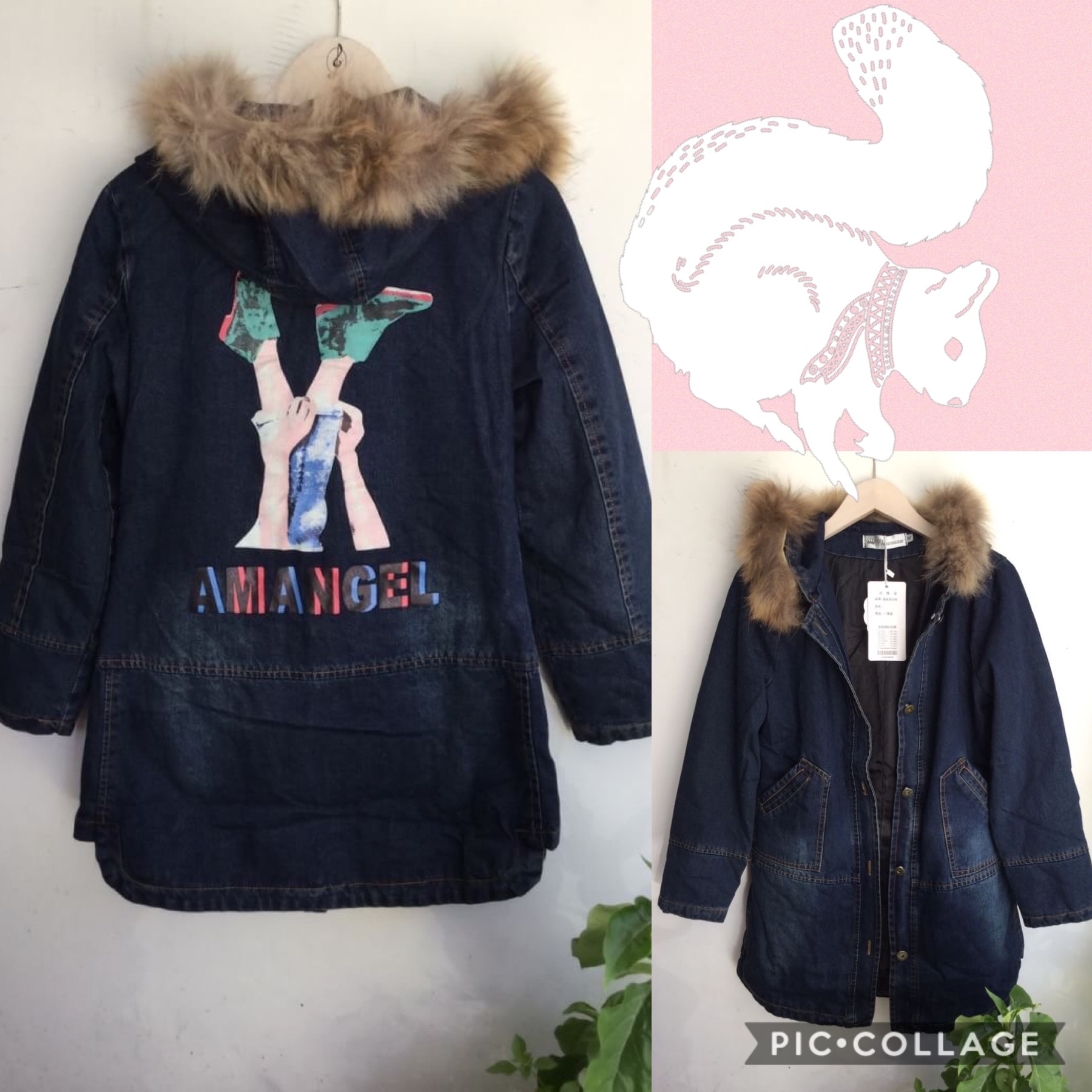 เสื้อกันหนาวมีฮู้ดขนฟู เสื้อโค้ทกันหนาวผ้ายีนส์สไตล์เกาหลี