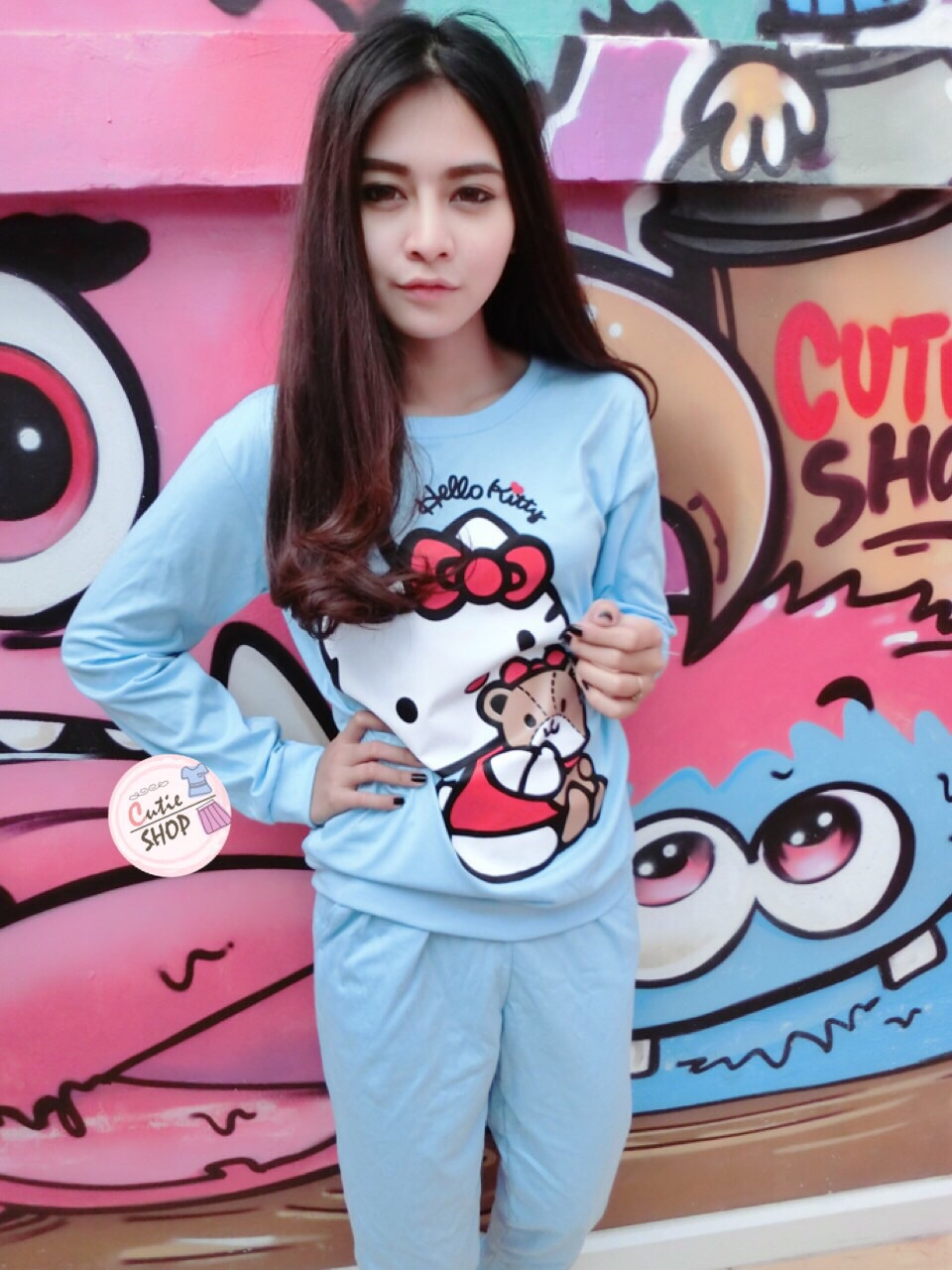 งานเซทเสื้อแขนยาวกับกางเกงขายาว สกรีน hello kitty