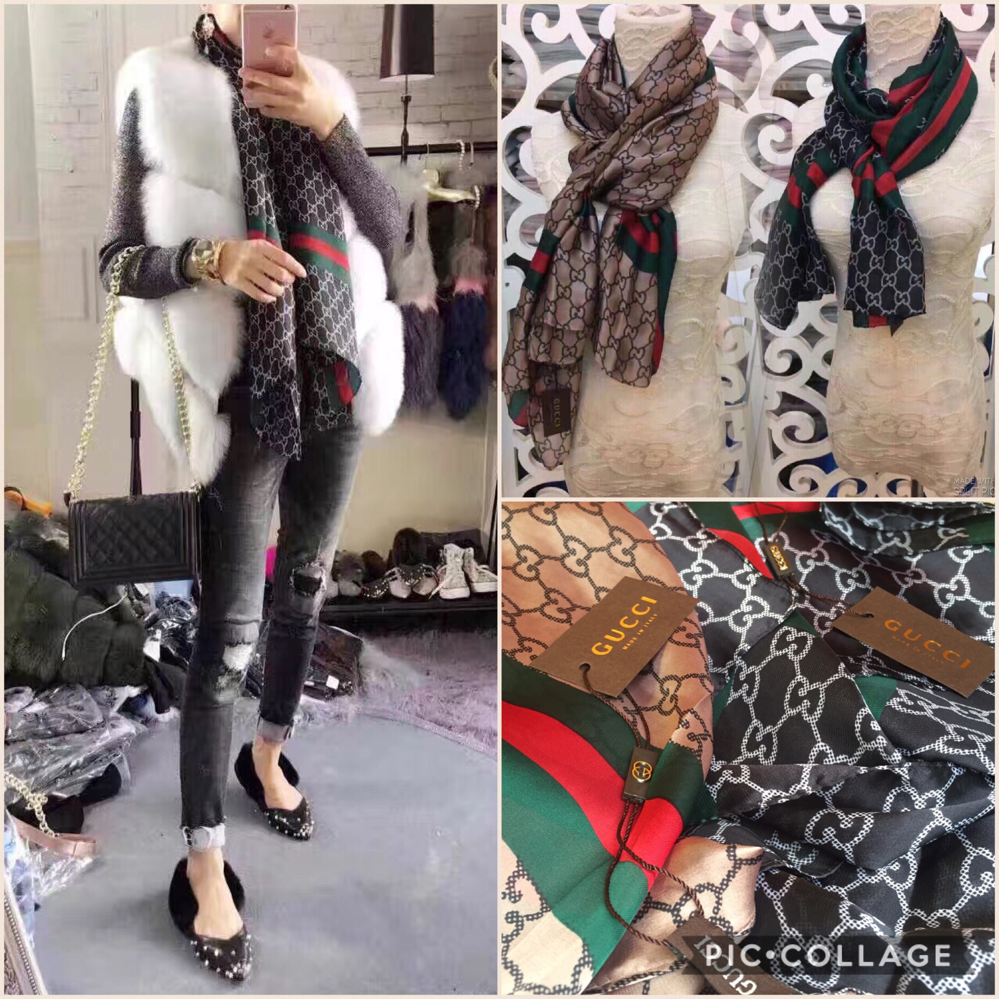 ผ้าคลุมไหล่ ผ้าพันคอ Gucci ผ้า silk เนื้อดี นุ่ม ทอลายในตัว ลายคมชัดค่ะ หนาวนี้ห้ามพลาดค่ะ
