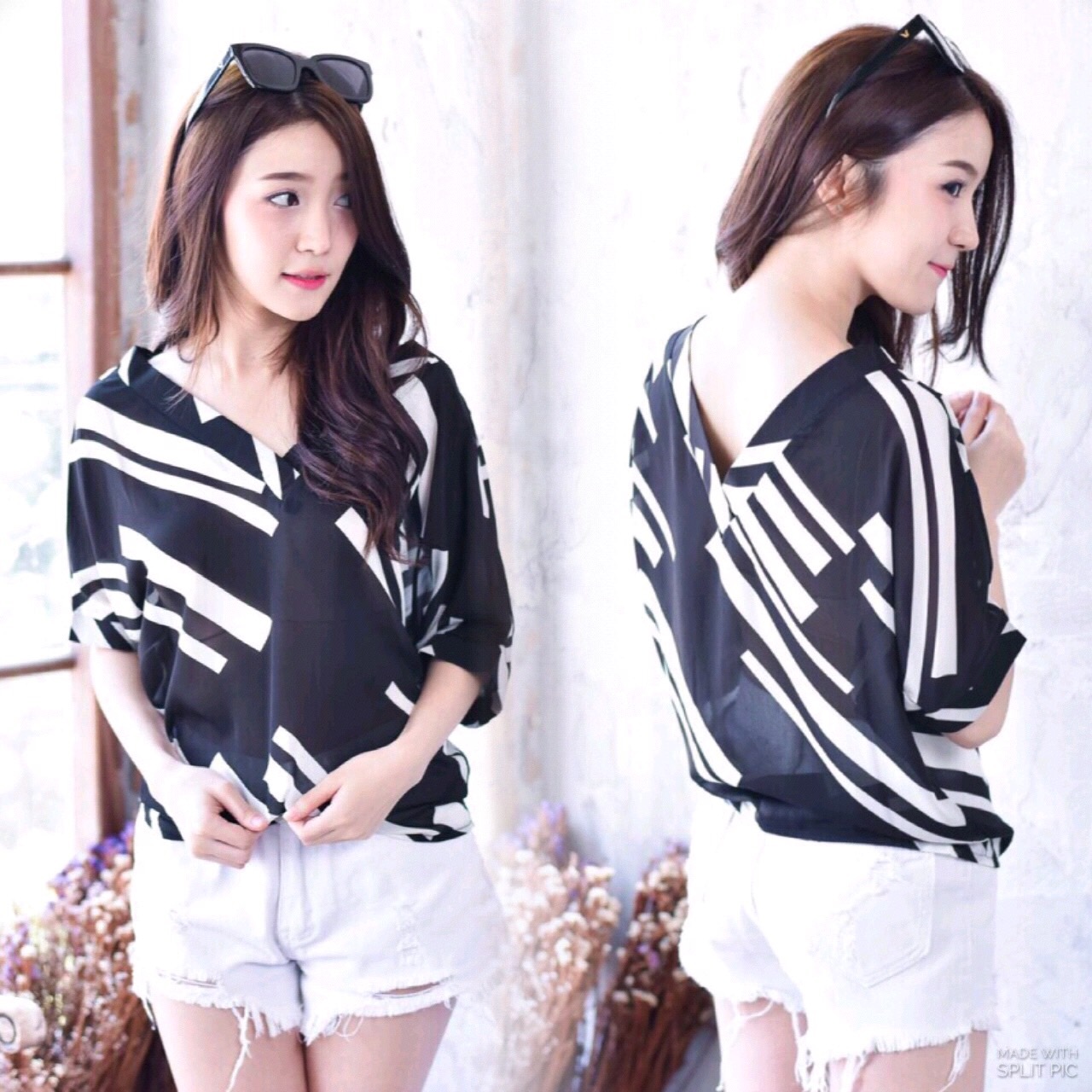 เสื้อเนื้อผ้าชีฟองแขน3ส่วน ลายดำขาว ใส่ได้หลายโอกาสค่ะ Freesize สีเดียวค่ะ