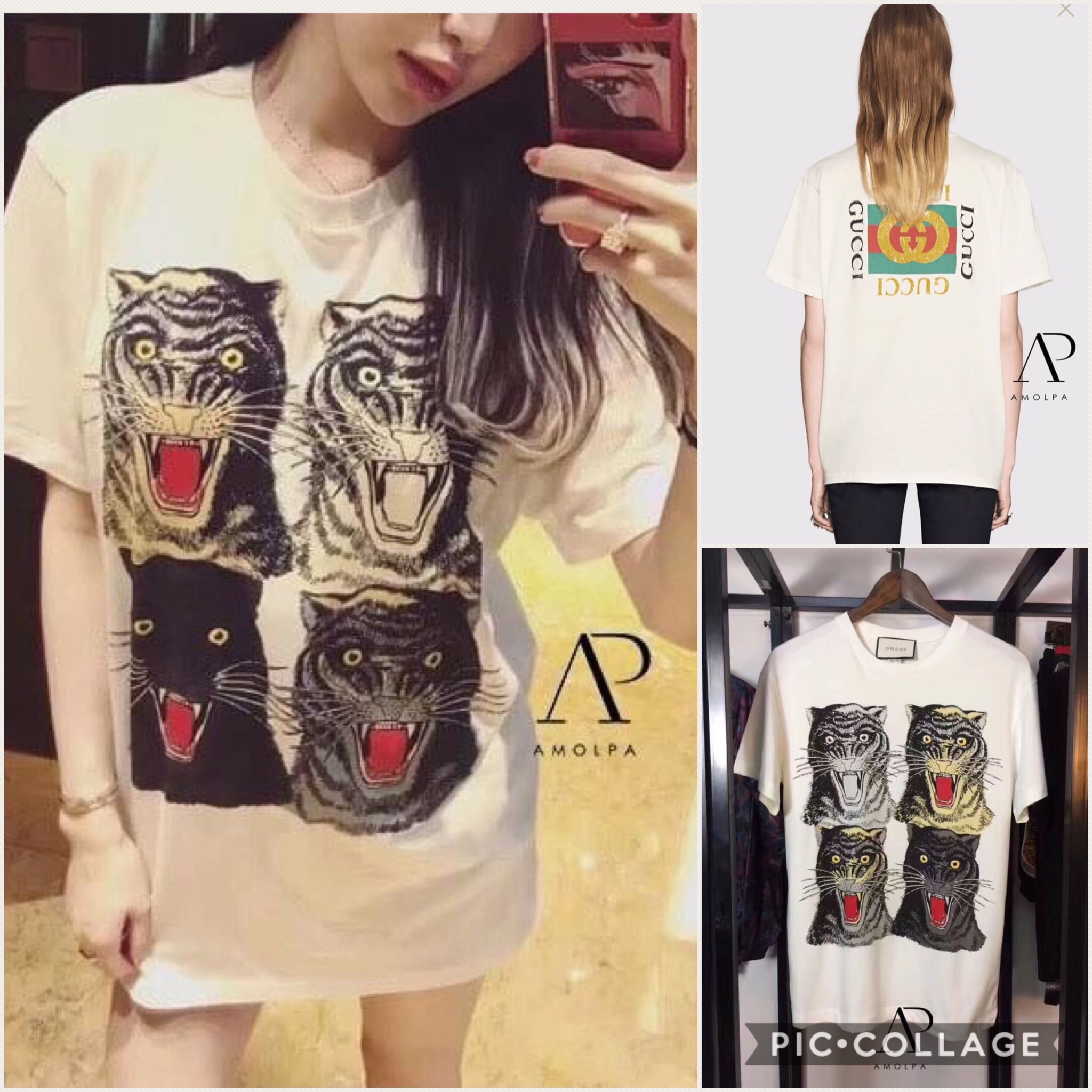 SALE 10% เสื้อยืดGUCCI ด้านหน้าทอลายเสือ4อารมณ์ด้านหลังทอลาย GUCCI ลายใหม่ชนช้อปเลยคะ