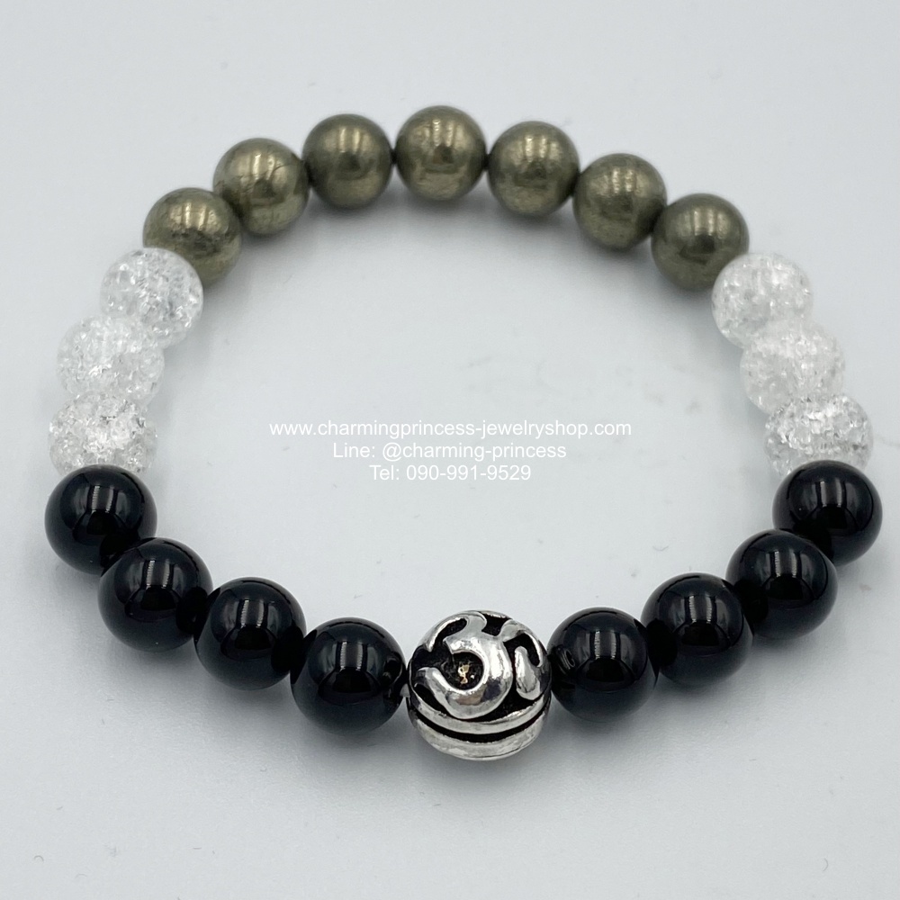 Pyrite Onyx and Ice Quartz with Sterling Silver Ohm8 mm ไพไรต์ โอนิกซ์ ไอซ์คววอตซ์ 8 มม ประดับโอมเงินแท้
