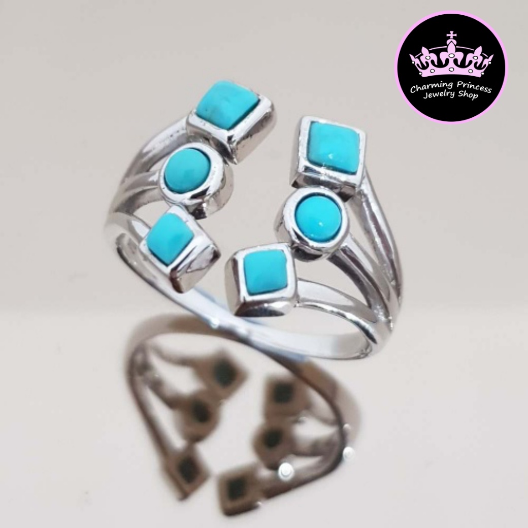 แหวนหินนําโชค เงินแท้ แบบเท่ห์ๆ นิ้วเรียวสวย 925 เทอร์ควอยซ์ สีฟ้าจาก อเมริกา Turquoise เทอร์ควอยซ์ สีฟ้า กลม สี่เหลี่ยม 3 มม 6 เม็ด Turquoise Geomatric Open Top Design Ring 925 Sterling Silver
