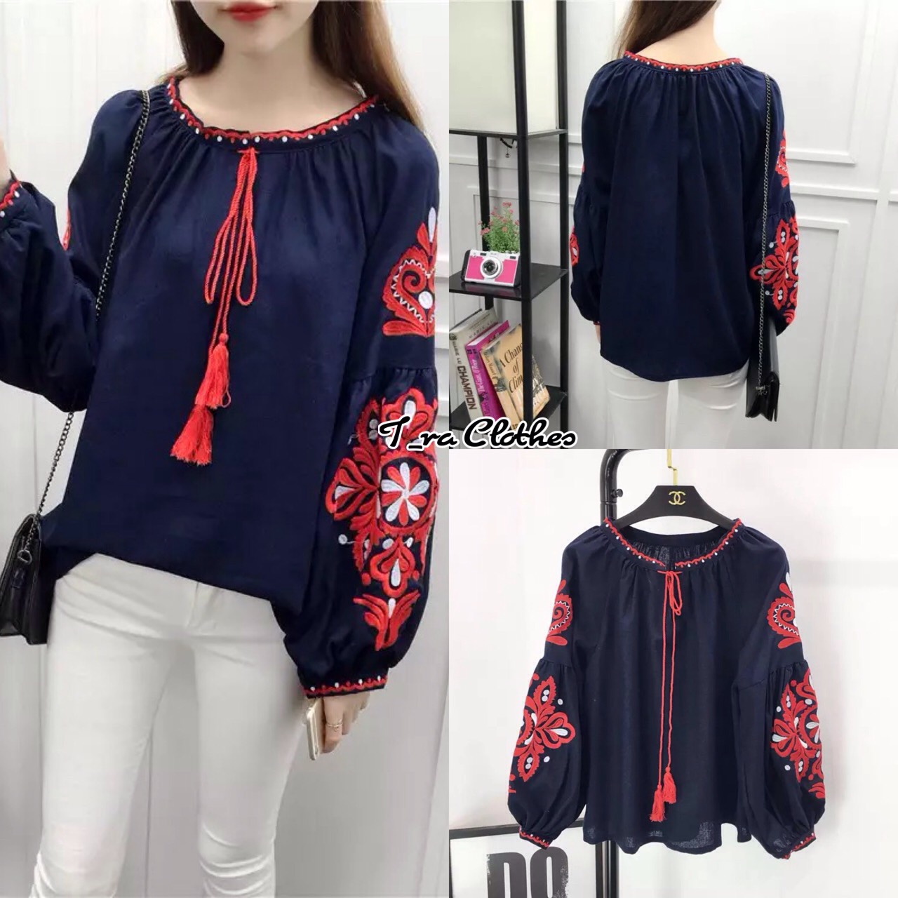 เสื้องานปัก Style korea เสื้อแขนพองปักลายสวยๆ