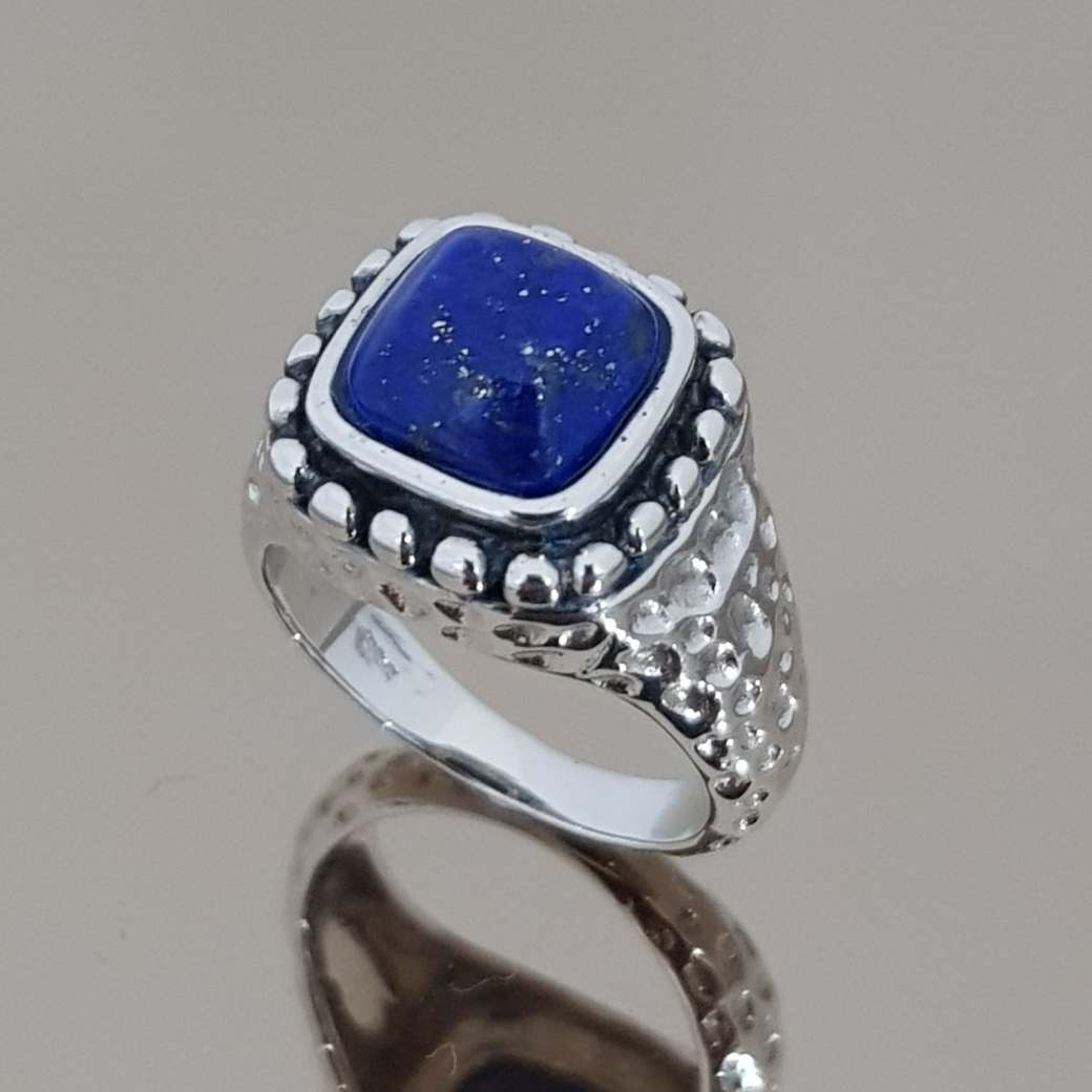แหวนลาพิสลาซูลี แหวนหินนําโชค เงินแท้ พลอยรูปหมอนสี่เหลี่ยม 925 Sterling SIlver Lapis Lazuli Cushion 8 mm Unisex Ring