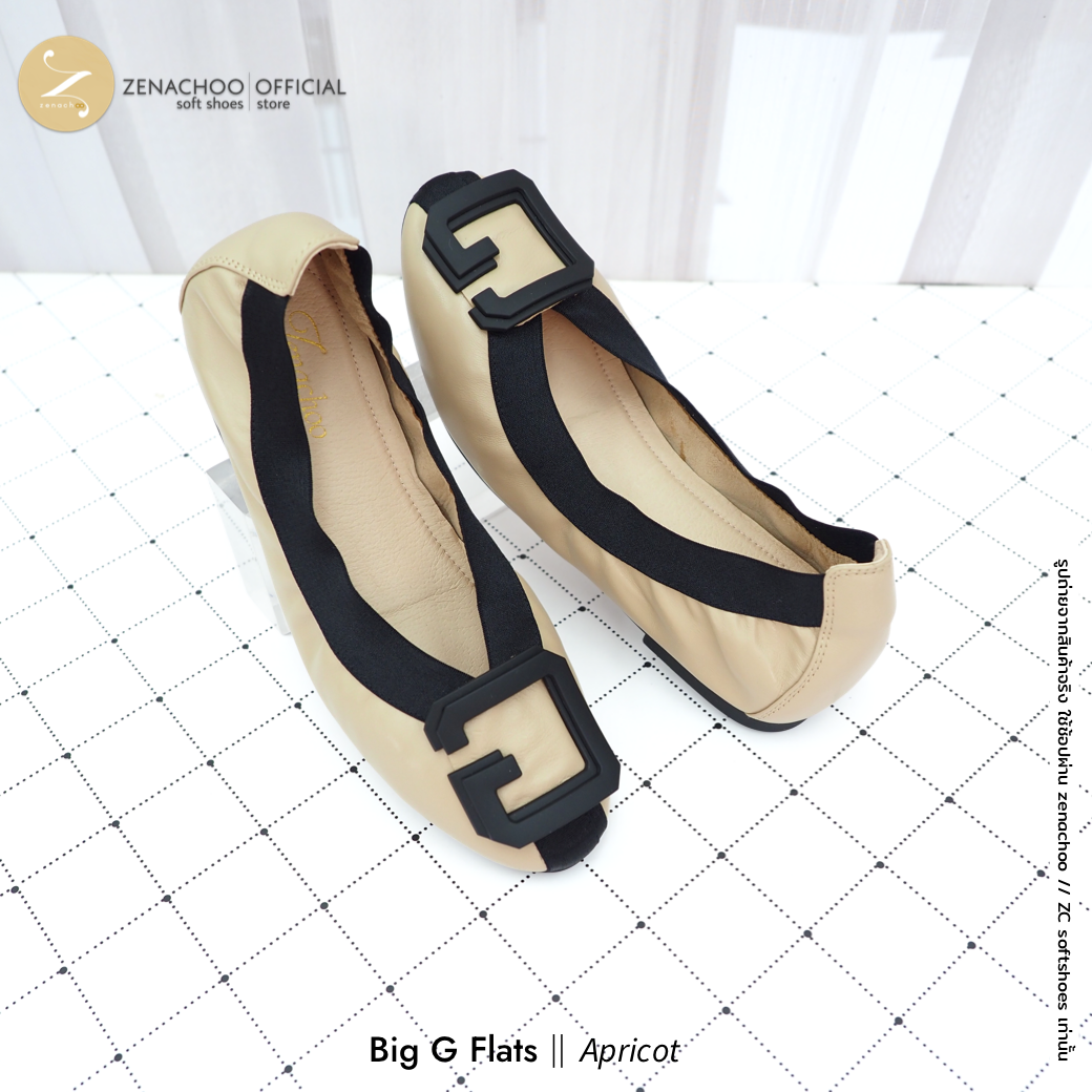 ทรงปกติ เปลี่ยนไซส์ได้-ไม่รับคืน นิ่มตะลึง ท้าให้ลอง Zenachoo Big G flats สูง 1 นิ้ว รองเท้าหนังแกะแท้ หัวมน ใส่สบายมาก