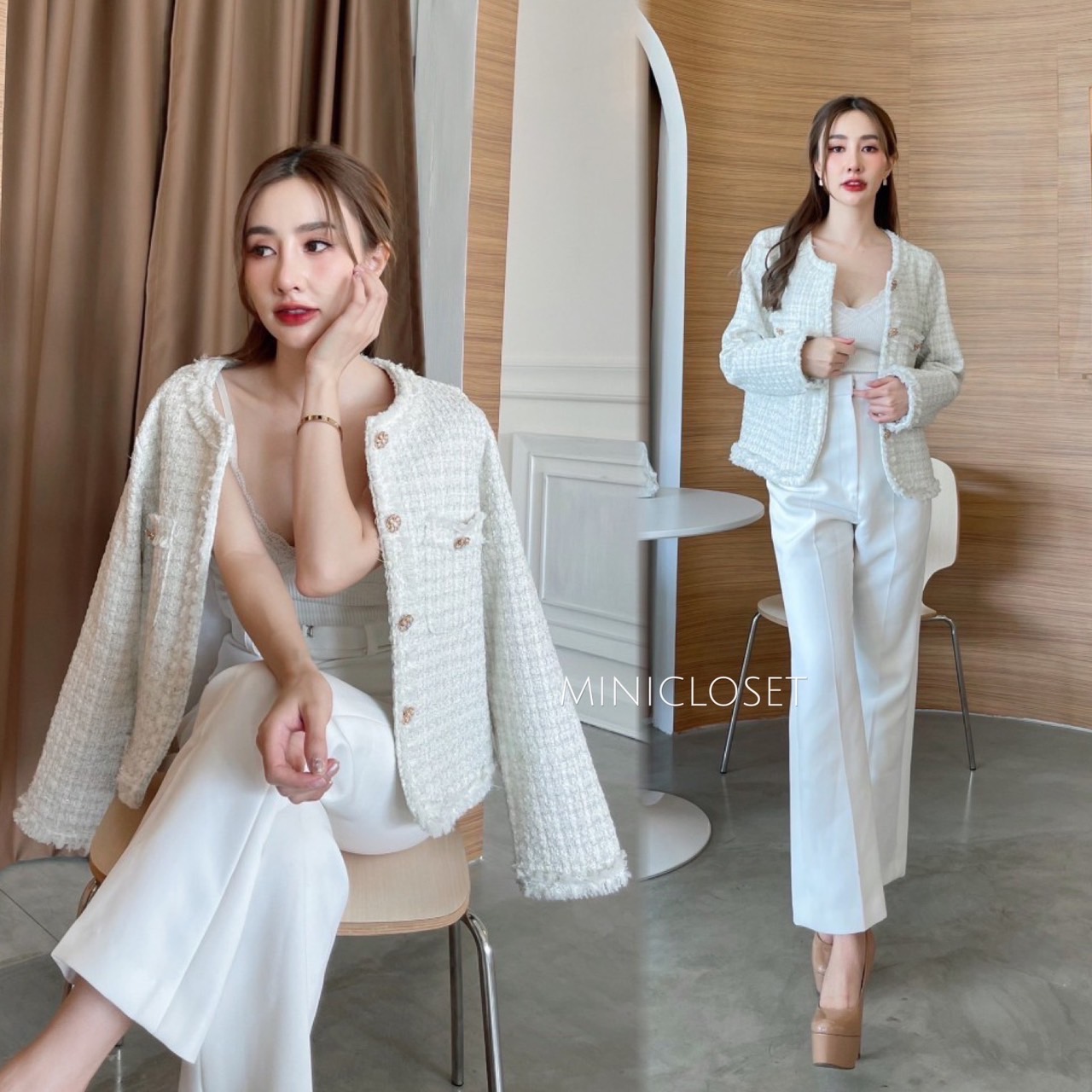 เสื้อทวีตแขนยาว เสื้อคลุมผ้าทวีตสีชมพู สีครีม งานสวยหรู