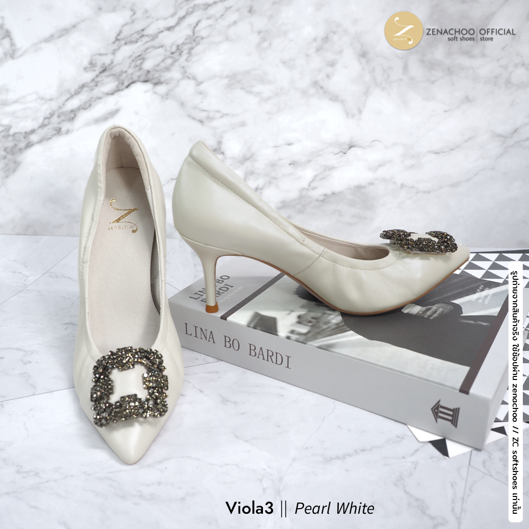 ทรงปกติ เปลี่ยนไซส์ได้-ไม่รับคืน Zenachoo รุ่น Viola3 สี Pearl white สูง 3 นิ้ว หนังแกะแท้ หัวแหลมทรงสวย
