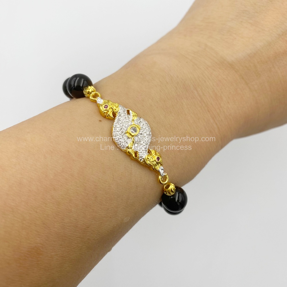 หินนําโชคประจําวันเกิดวันเสาร์ Saturday Birthstone หินโอนิกซ์ 8 มม เสริม พญานาค ฝัง CZ หรูหรา