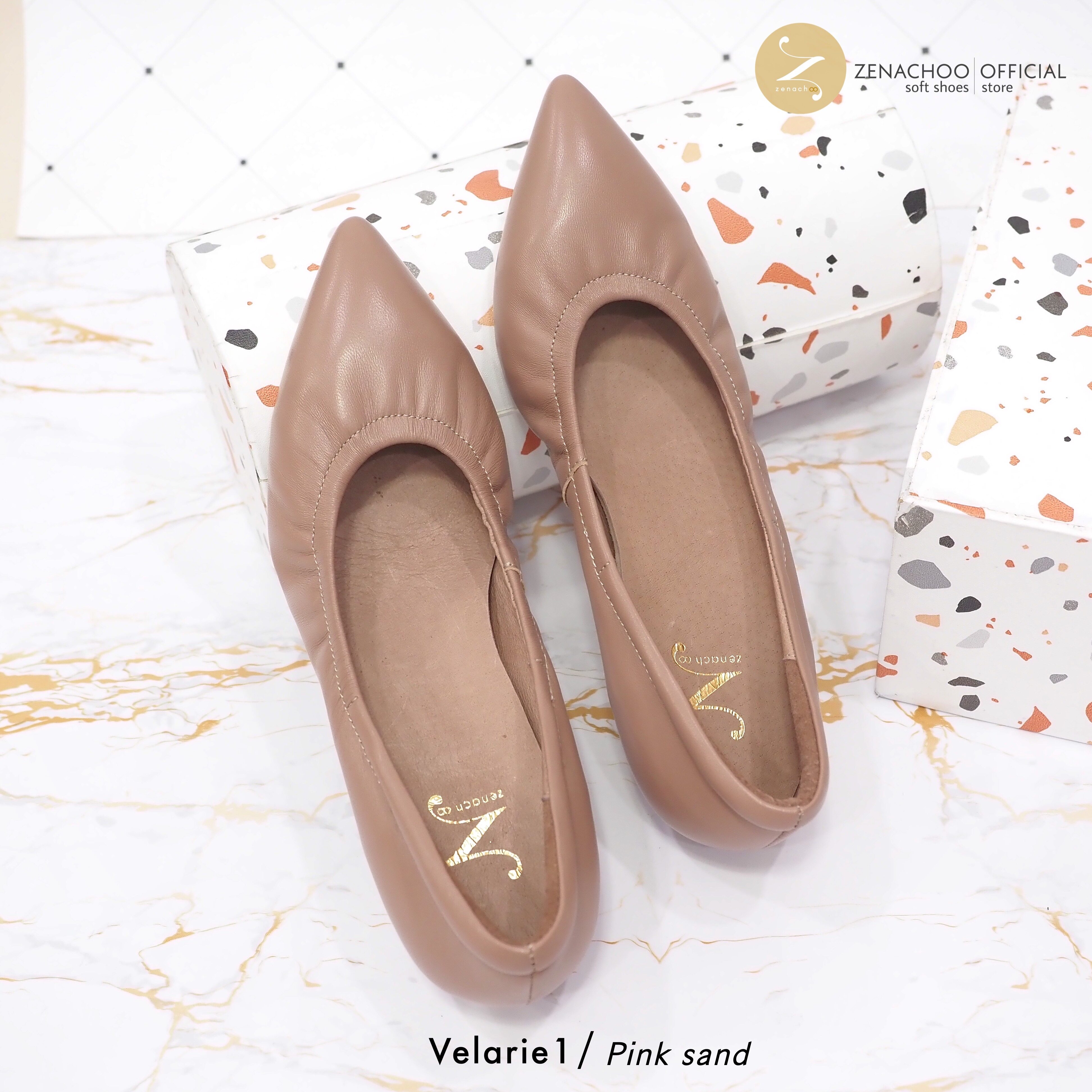 ทรงปกติ เปลี่ยนไซส์ได้ ไม่รับคืน Zenachoo รุ่นขายดี Velarie1 สูง 1นิ้ว สี Pink sand รองเท้าหัวแหลมหนังแกะแท้