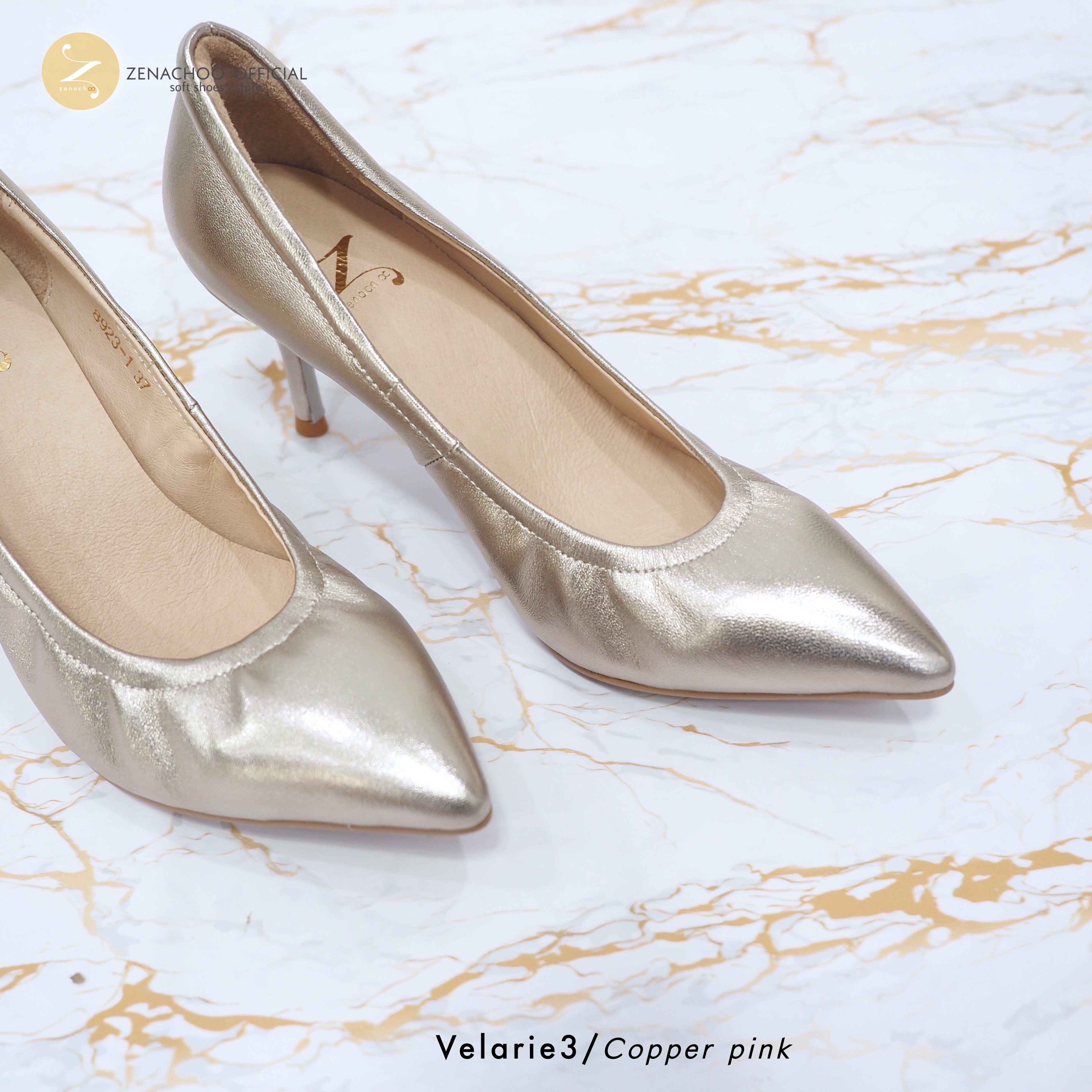 ทรงปกติ เปลี่ยนไซส์ได้-ไม่รับคืน Zenachoo Velarie3 สูง 3 นิ้ว Copper Pink รองเท้าหนังแกะแท้ ใส่สวยมาก รองเท้าส้นเข็ม หัวแหลม