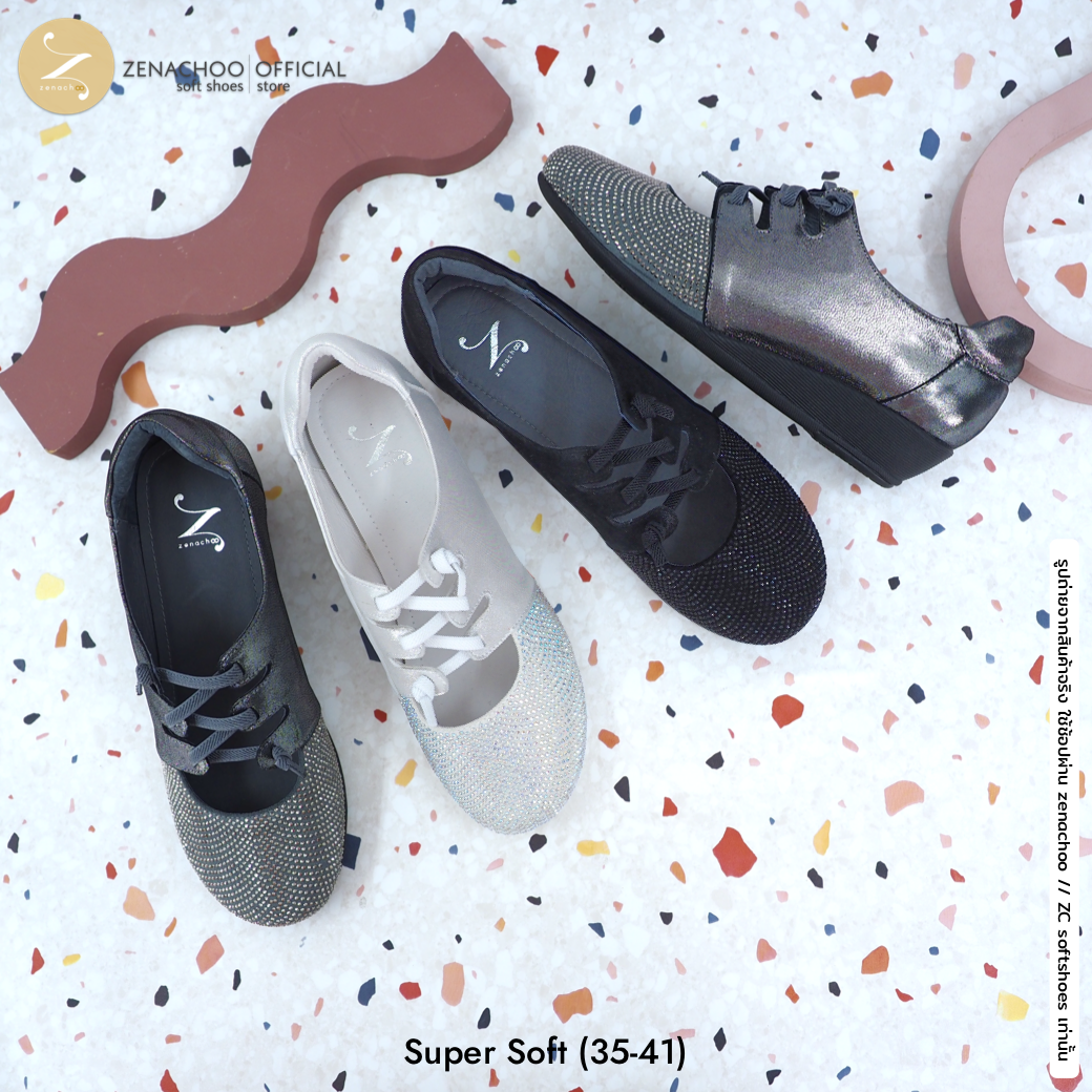 พื้นนิ่มตะลึง หน้ากว้าง ใส่สบายสุด ทรงปกติ เปลี่ยนไซส์ได้-ไม่รับคืน Zenachoo Super Soft สูง 1 นิ้ว รองเท้าหนังแกะแท้