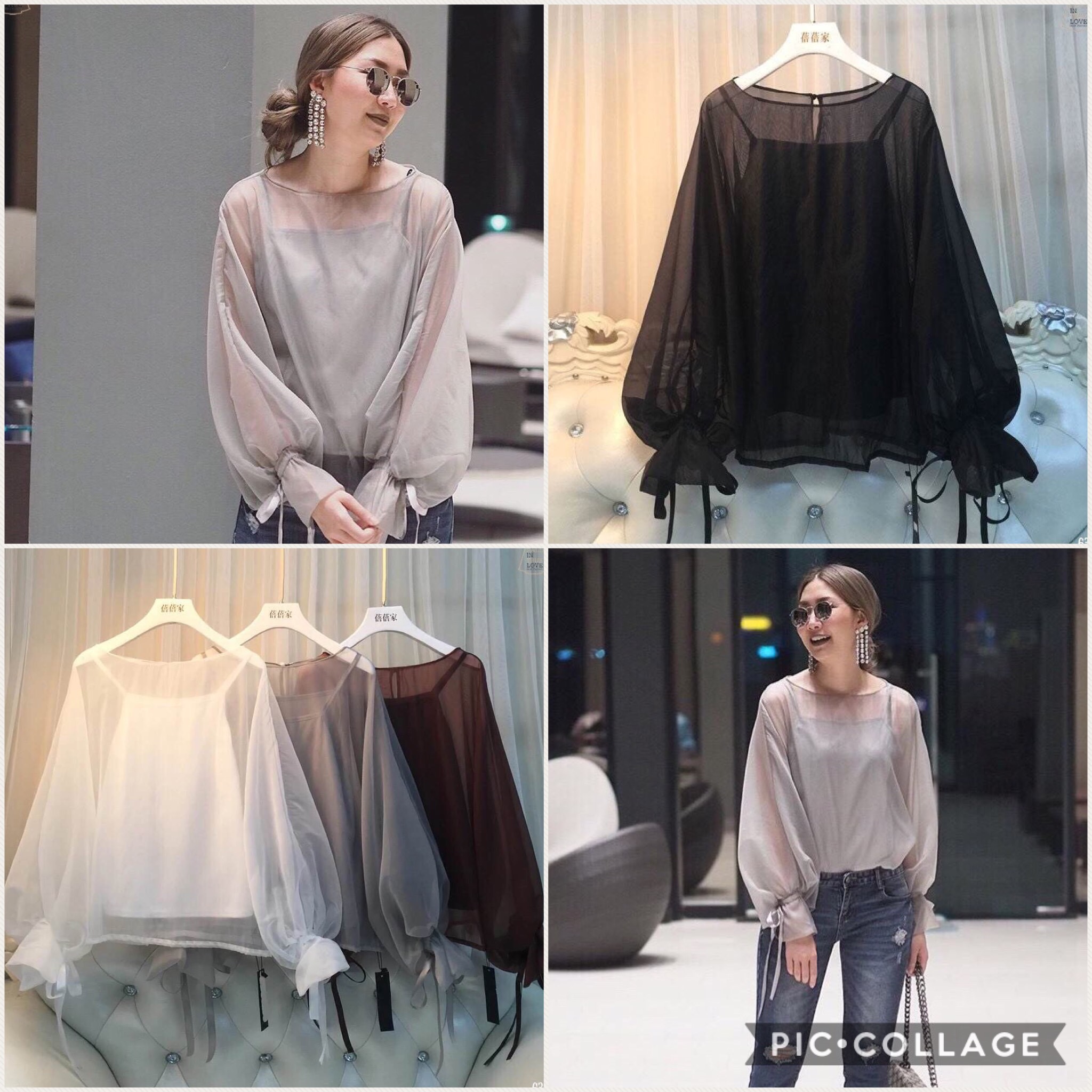 เสื้อผ้าออแกนซ่าเนื้อด้าน คอกว้างตัวโคล่งทรงปล่อย แขนปีกค้างคาวพองทรงบอลลูนที่ปลายแขนจั๊มผูกริบบิ้นสวยหวาน ใส่แบบสวมทางศรีษะติดกระดุมหลัง 1 เม็ด ไอเทมหวานปนหรูใส่กับอะไรก็สวยค่ะ