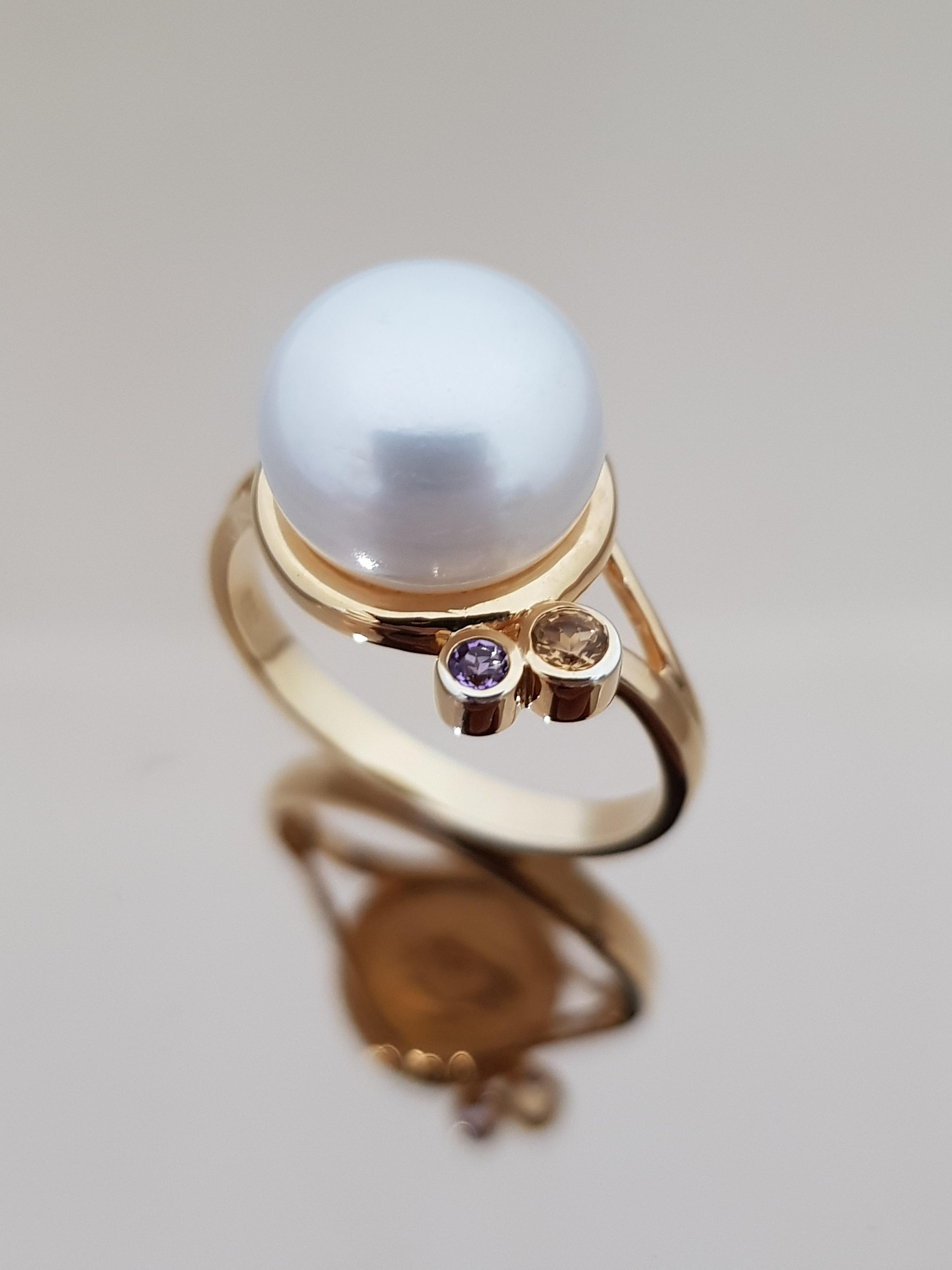 แหวนไข่มุก แหวนมุกนำโชค เสริม อเมทิสต์ แหวนเงินแท้ แฟชั่น 925 & 14K Yellow Gold Plated Freshwater Pearl and Brazilian Amethyst Ring