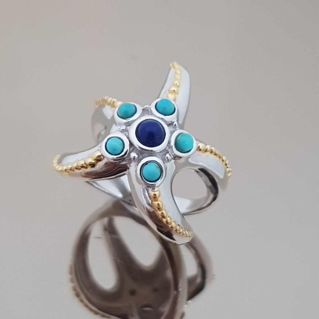 แหวนหินนําโชค แหวนปลาดาว เงินแท้ เทอร์ควอยซ์ และ ลาพิสลาซูลี 925 Sterling SIlver Strafish Turquoise and Lapis Lazuli Ring