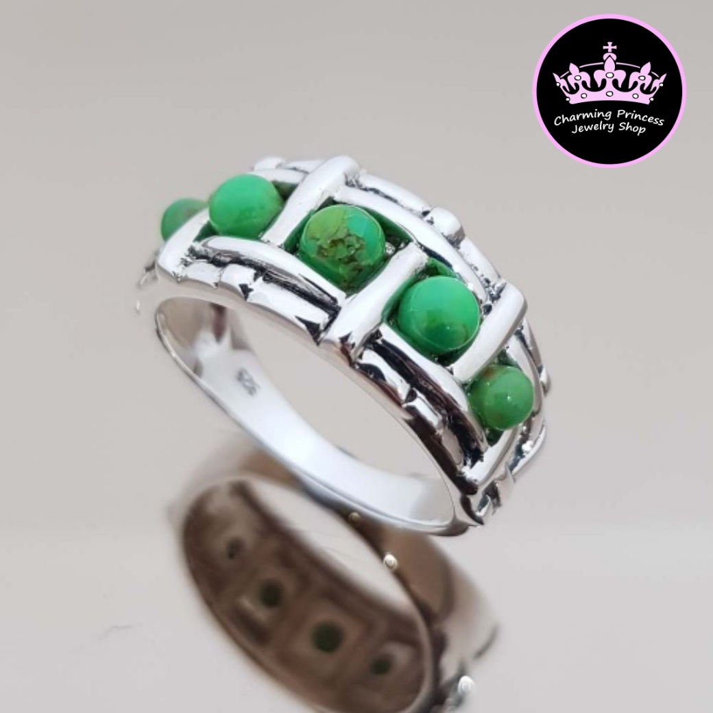 แหวนหินนําโชค เงินแท้ 925 เทอร์ควอยซ์ สีเขียว Turquoise เทอร์ควอยซ์ Turquoise เทอร์ควอยซ์ สีเขียว Green Turquoise 5 Stones Band Design Design Ring 925 Sterling Silver