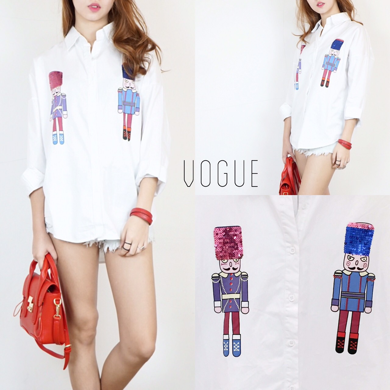 เสื้อคอเชิ๊ต หน้าสั้นหลังยาว ทรงไหล่ตก ปริ้นลายทหาร เพิ่มลูกเล่นปักหมวกด้วยเลื่อมอย่างดีที่อก ให้ลุคสไตล์เกาหลี แมตช์กับอะไรก็สวยคะ