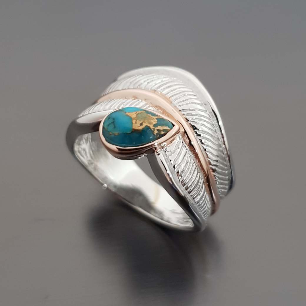 แหวนเงินแท้ชุบพิงค์โกลว์ ประดับ พลอย เทอร์ควอยซ์ สีฟ้า 925 & 14K Yellow Gold Plated Turquoise Pear 8x5 mm Natural Inspired Design Sterling SIlver Ring