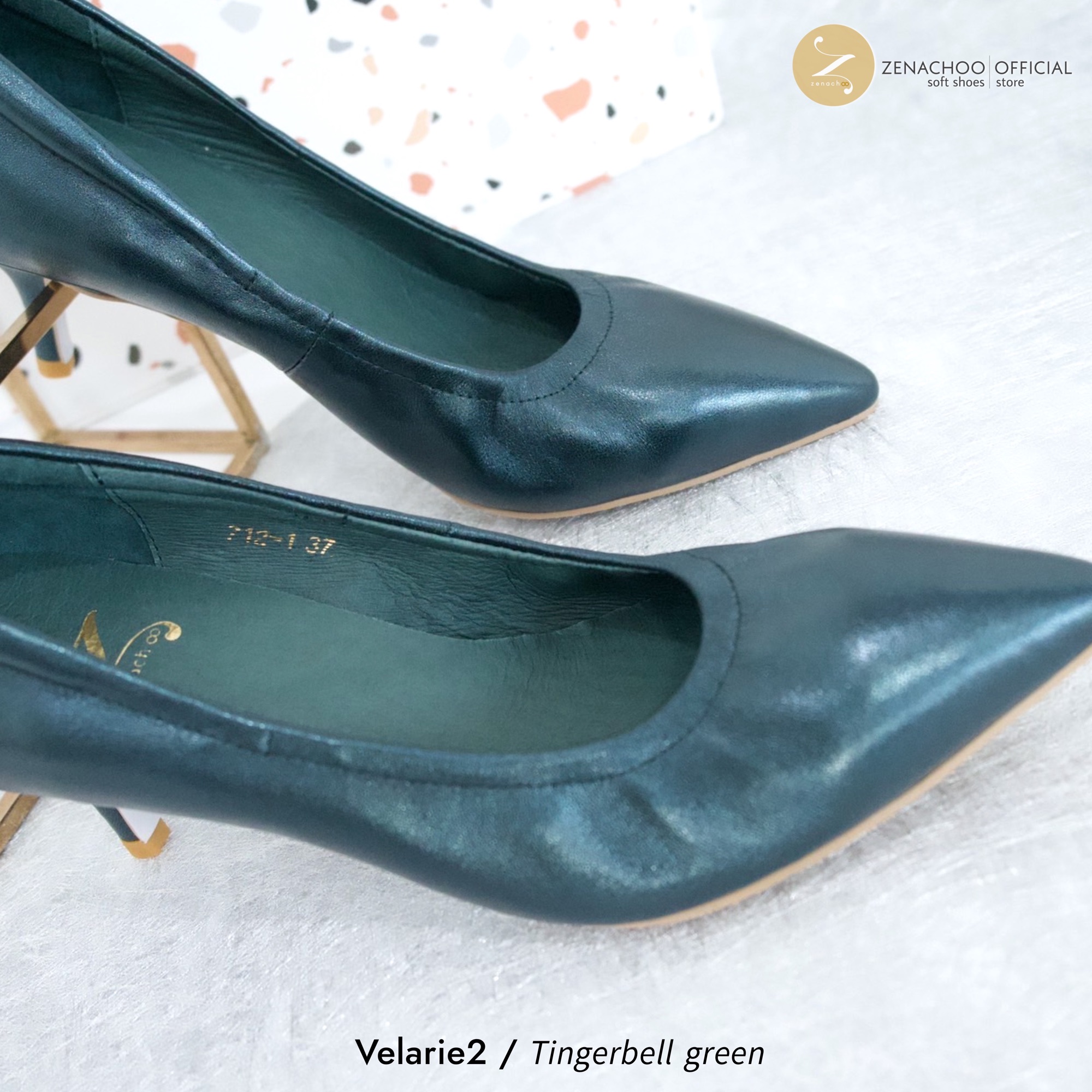 ทรงปกติ เปลี่ยนไซส์ได้-ไม่รับคืน::รุ่นขายดี Zenachoo Velarie2 สูง 2 นิ้ว สี TingerBell Green รองเท้าหนังแกะแท้ หัวแหลมหน้ากว้าง